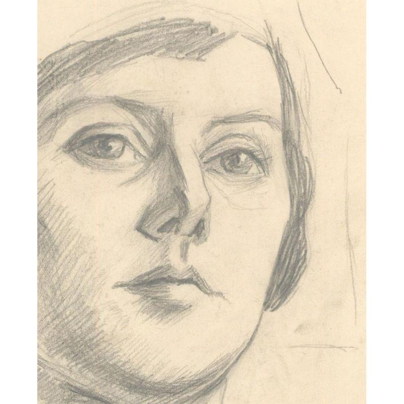 A piercing study of a woman with an intense stare. The artist captures the woman from lower angle with her gaze staring down at the viewer giving her a strong, defiant aura. Signed to the upper right. On paper. 
