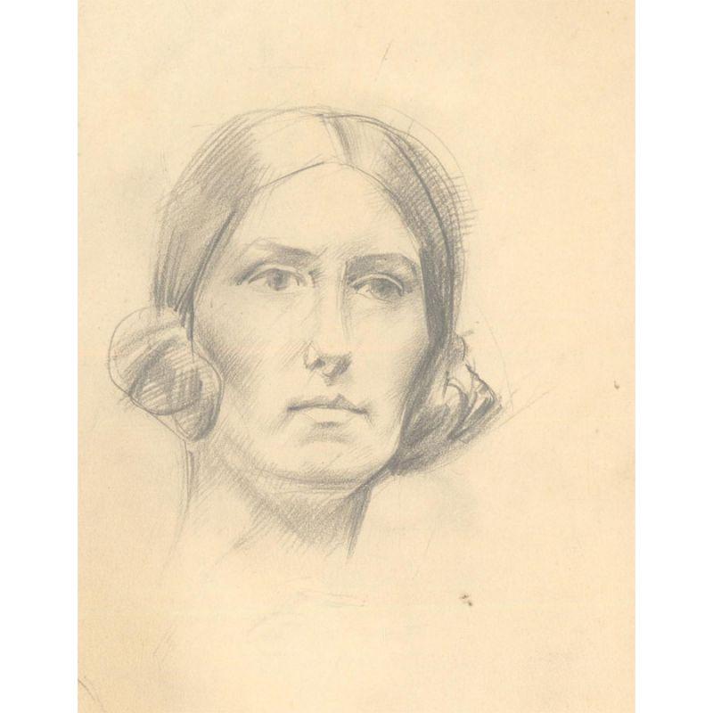 Eine charmante Graphitskizze einer Frau mit ordentlich hochgestecktem Haar. Auf der rechten Seite ist eine eigene Skizze des Künstlers zu sehen, aus der er das viel feinere Porträt auf der linken Seite geschaffen hat. Signiert oben rechts. Auf dem