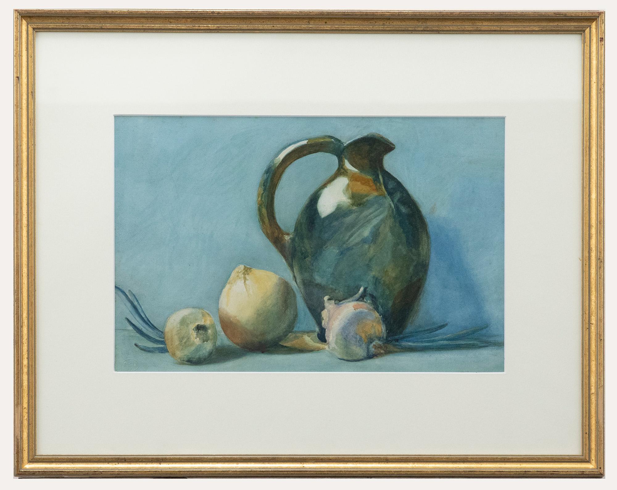 Aquarelle encadrée du milieu du 20e siècle - Nature morte avec cruche et oignons