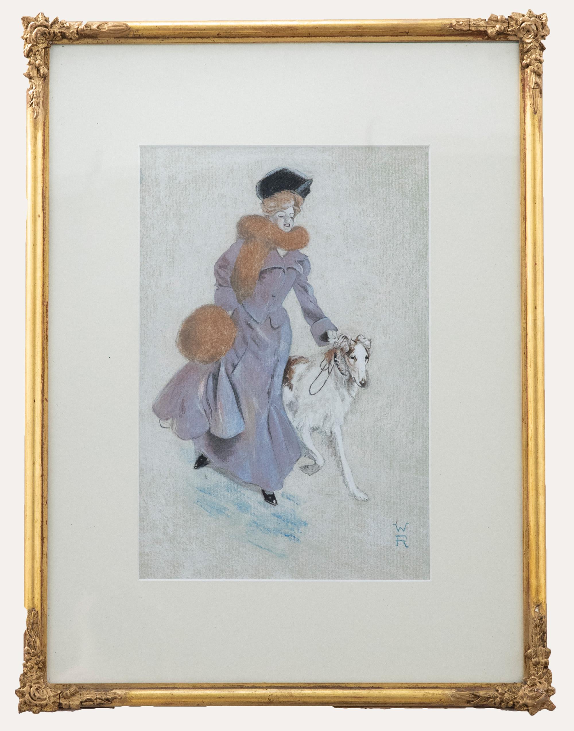 Unknown Portrait - W. R.  - Early 20th Century Pastel, Lady and Her Lurcher
