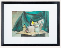 Aquarelle encadrée du milieu du 20e siècle - Nature morte avec bouteilles