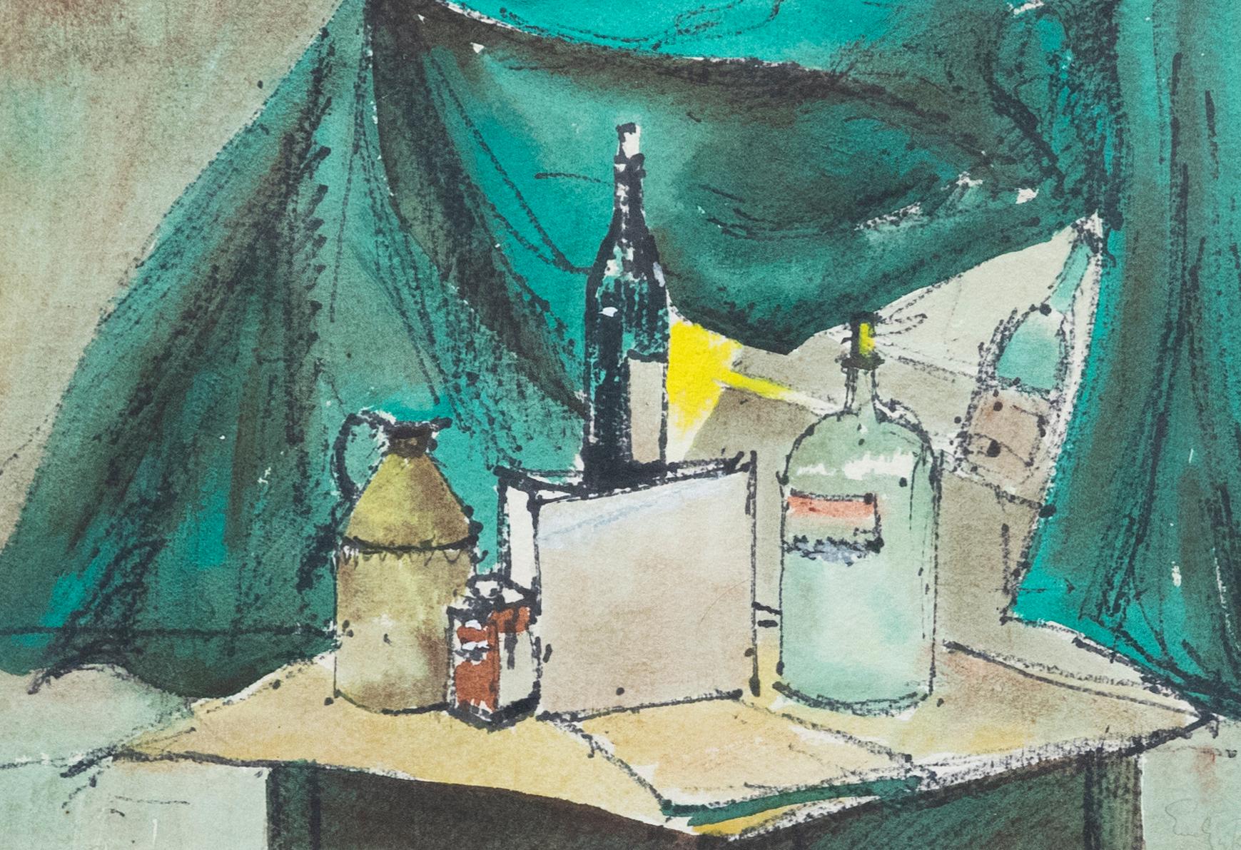 Framed Mid 20th Century Watercolour - Still Life with Bottles - Art by Unknown