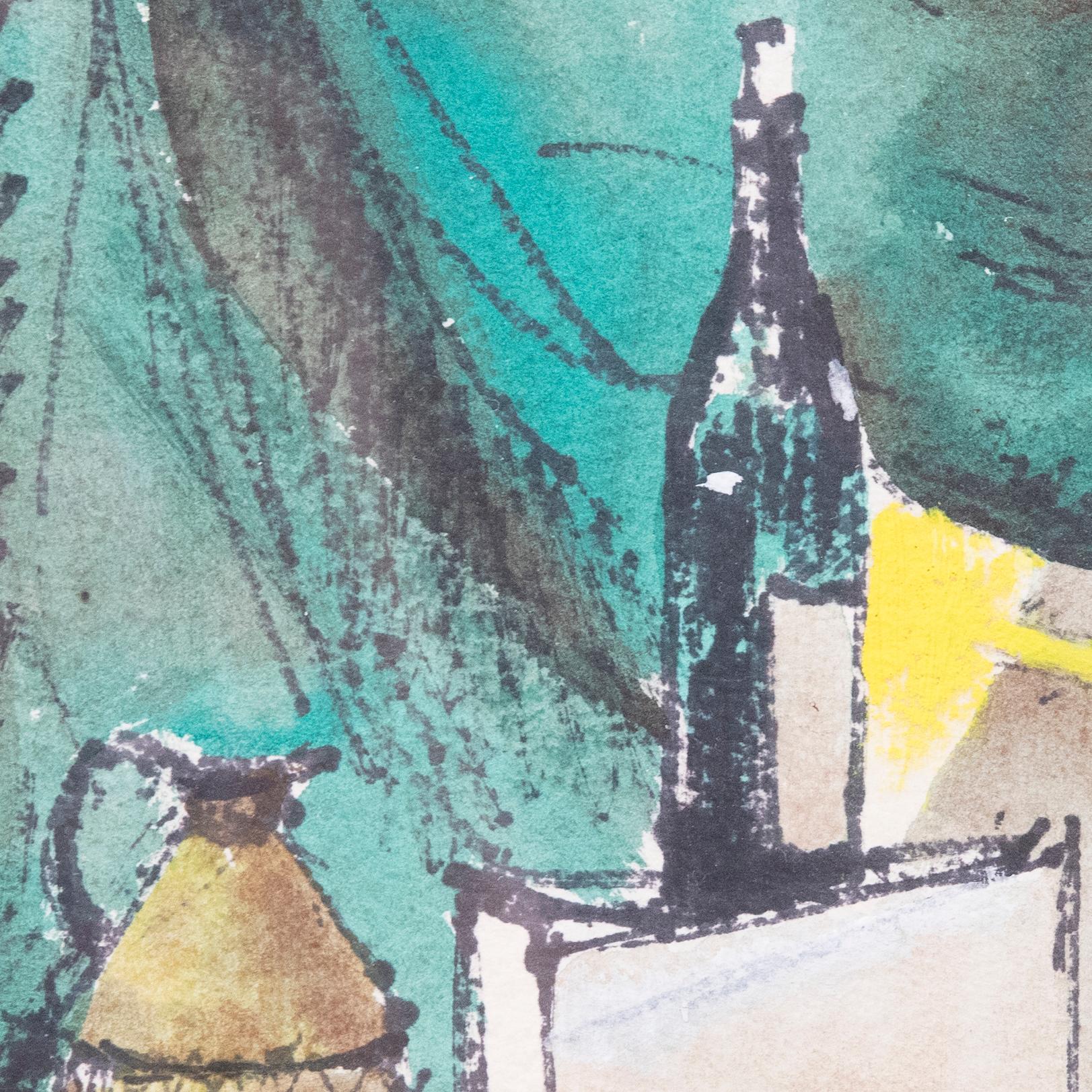Framed Mid 20th Century Watercolour - Still Life with Bottles For Sale 1