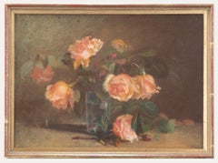 20e siècle Pastel - Vase de roses roses