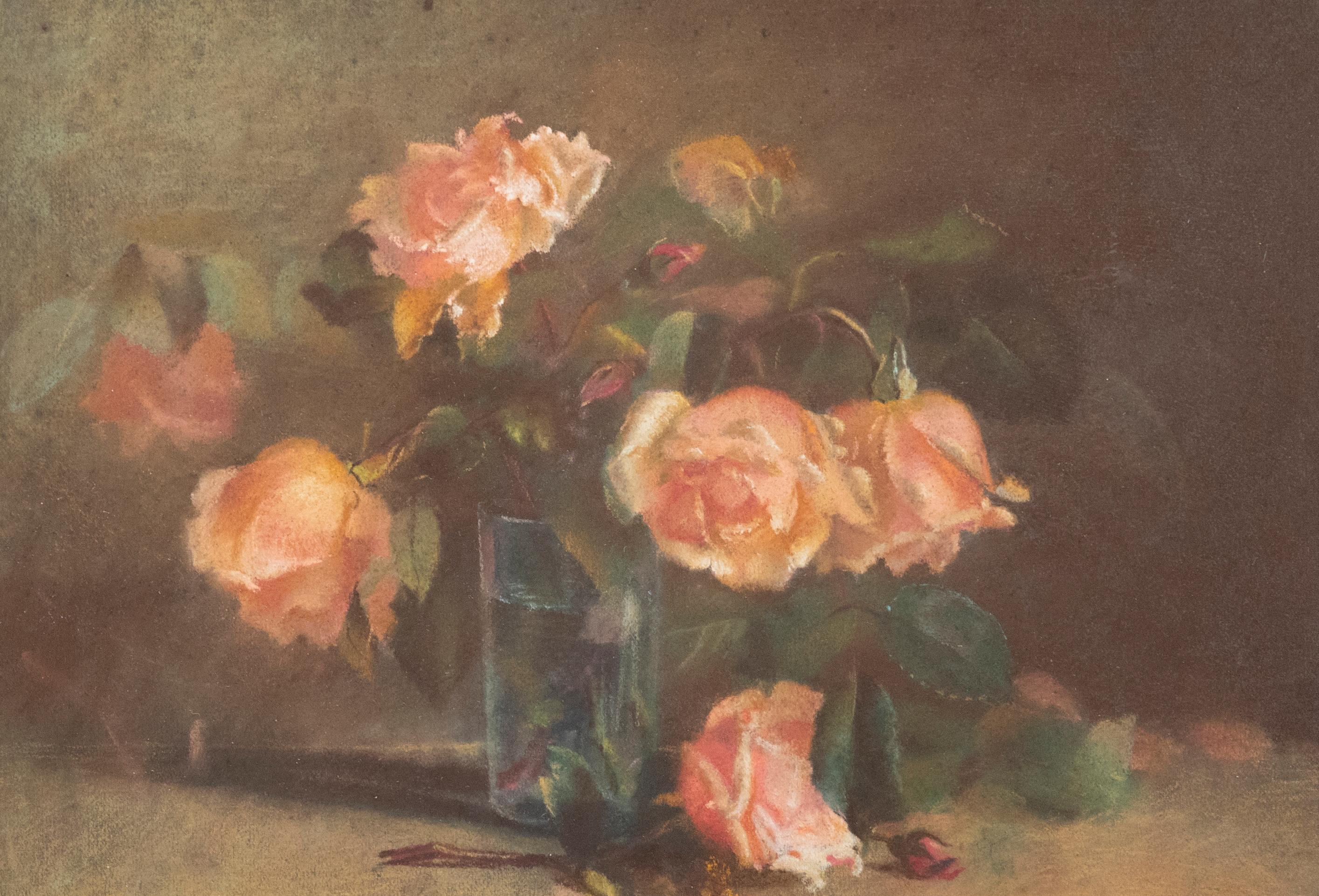 20. Jahrhundert Pastell - Vase mit rosa Rosen – Art von Unknown