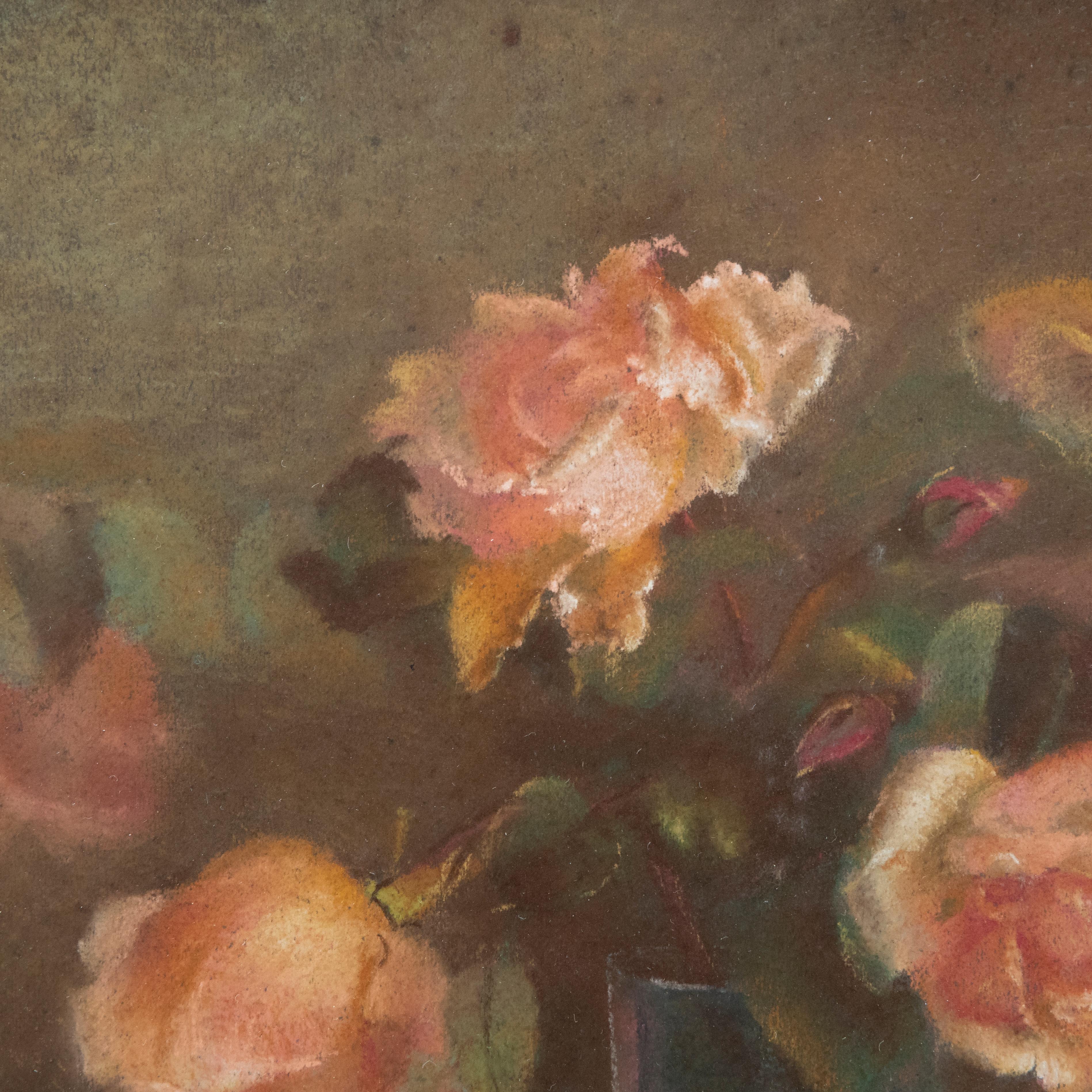 20. Jahrhundert Pastell - Vase mit rosa Rosen im Angebot 1