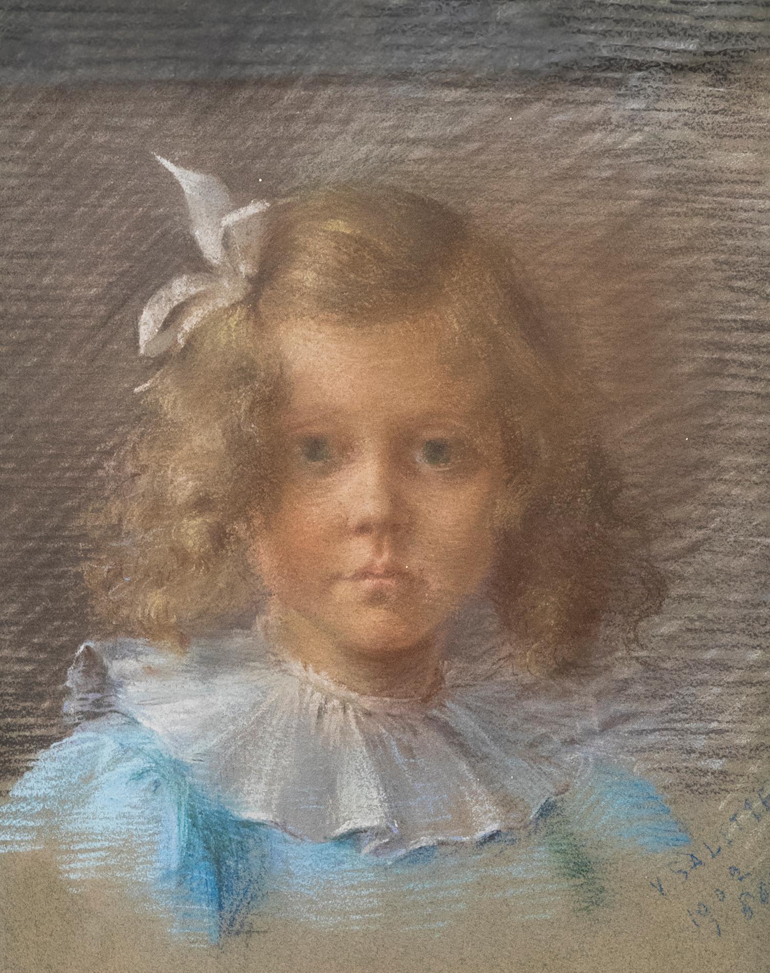 A delicate, turn of the century, pastel portrait of a young french girl in a blue dress with white collar. Well-presented in a complimenting gilt and blue frame. Signed and dated to the lower right. On fibrous paper. 
