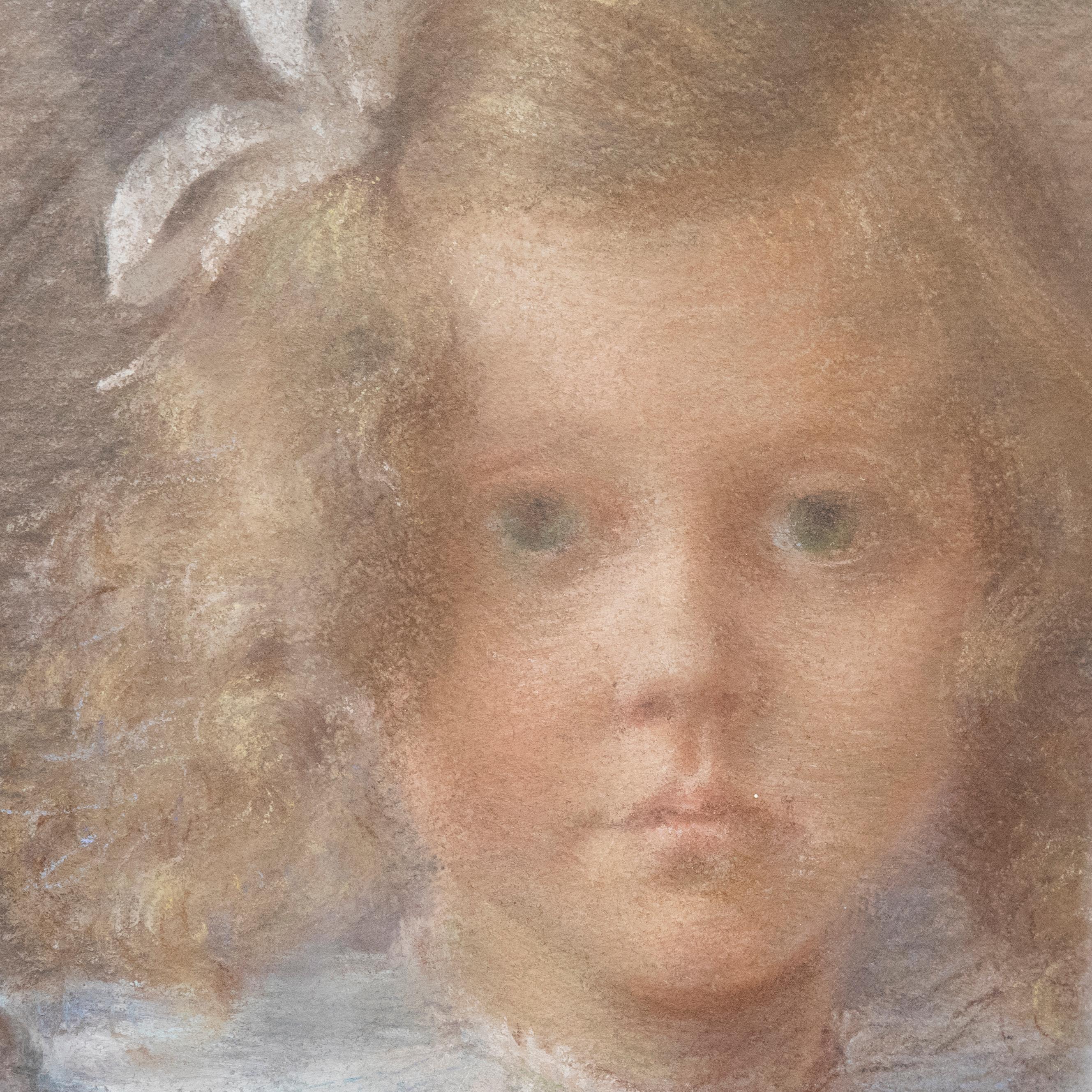 V. Salettes - Framed French School Early 20th Century Pastel, Portrait of a Girl For Sale 2
