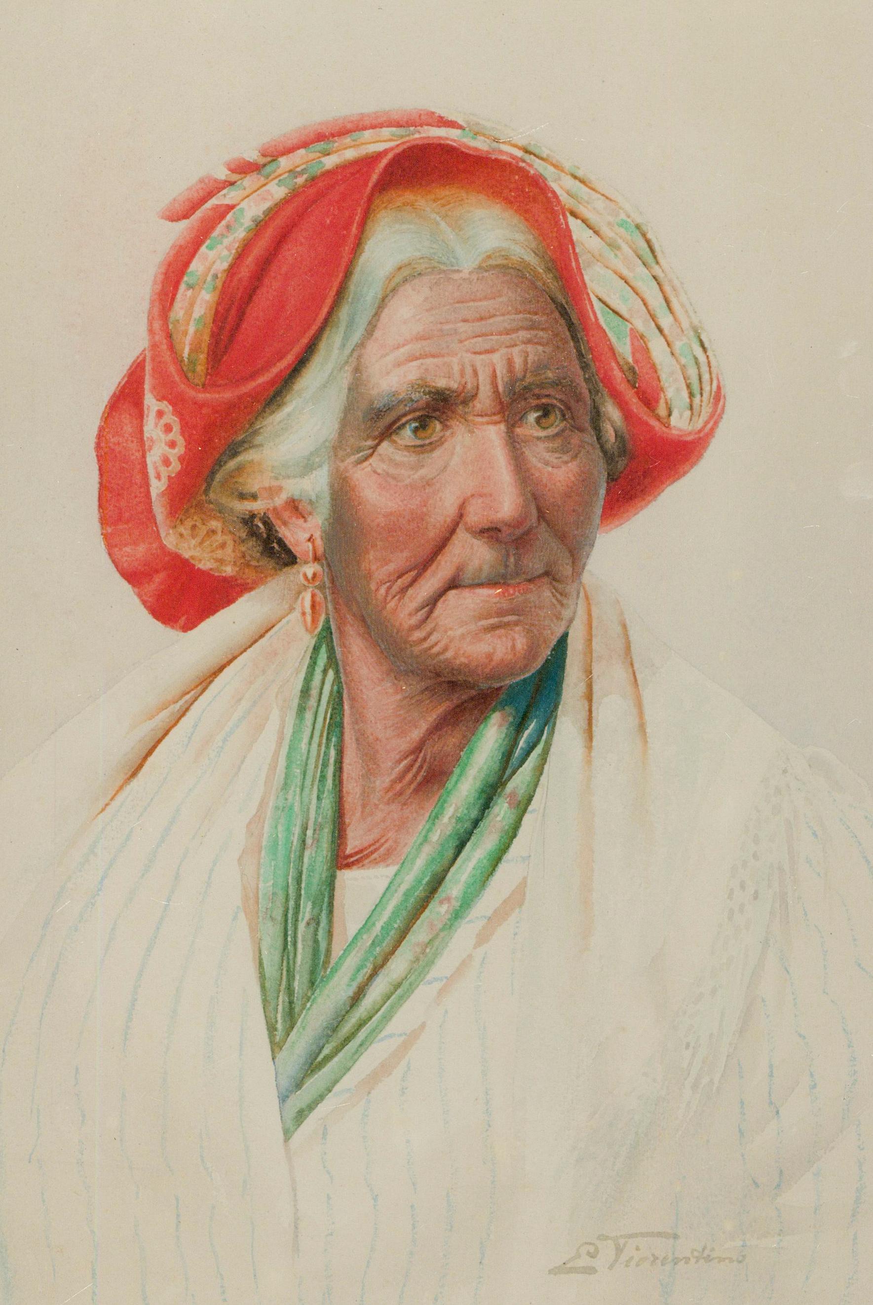 A fine early 20th century watercolour of an elderly woman. She wears a bright headscarf and striped linen overcoat. The artist captures the fine lines in her face with great detail giving a hyper realistic element to the piece. Signed to the lower