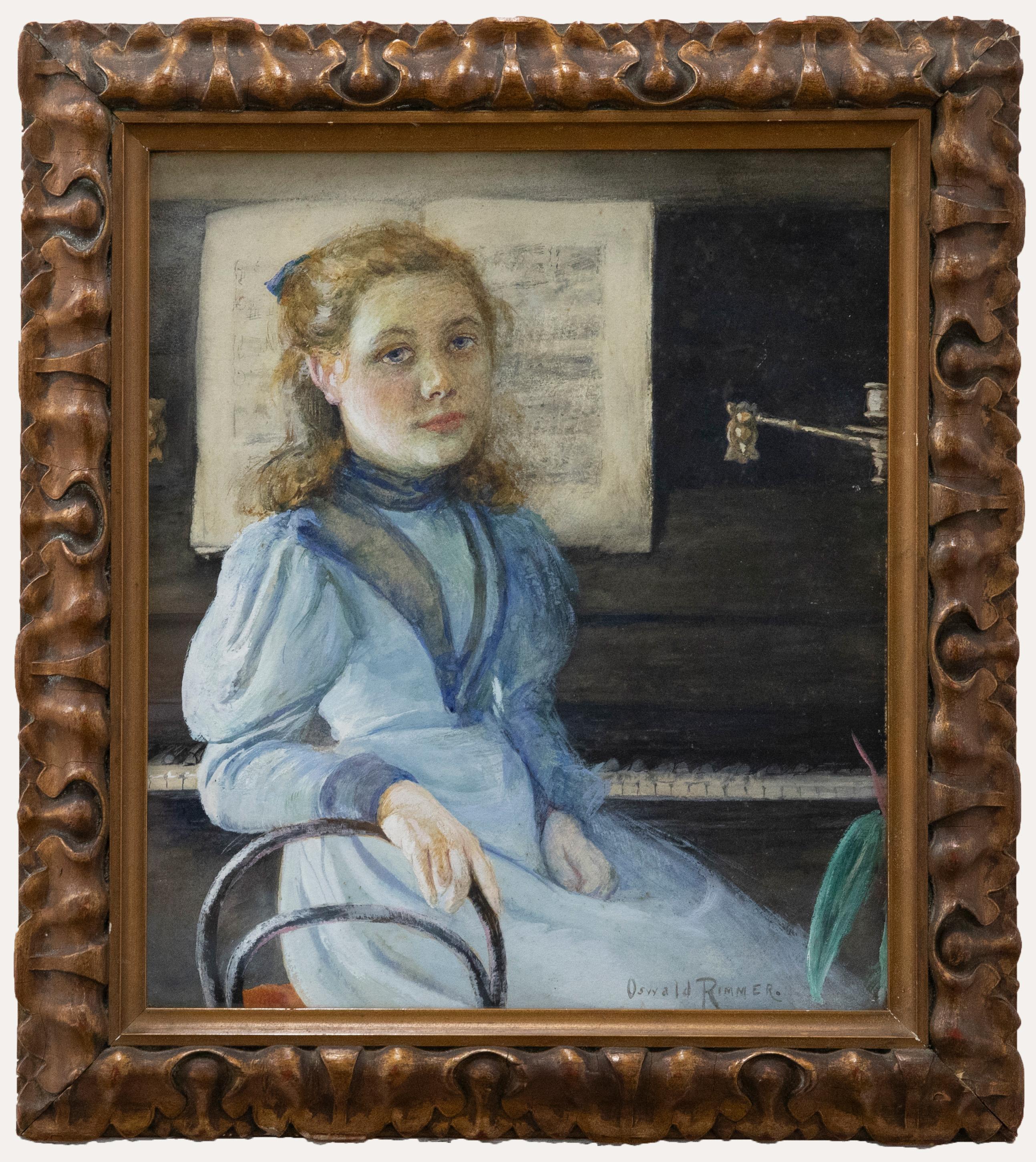 Unknown Portrait – Oswald Rimmer (1870-1951)  Aquarell des frühen 20. Jahrhunderts, am Klavier