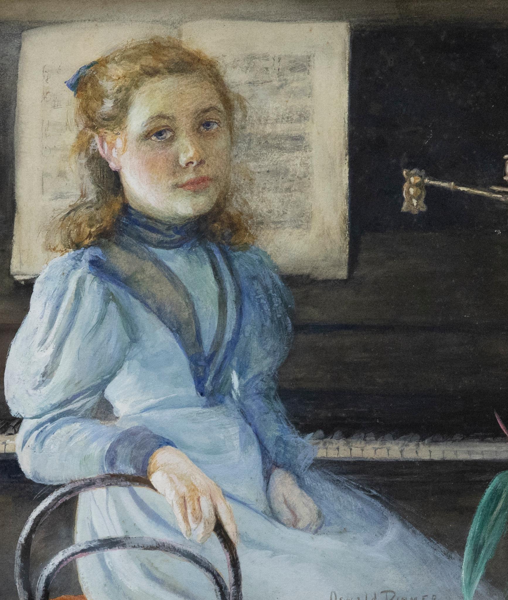 Oswald Rimmer (1870-1951)  Aquarell des frühen 20. Jahrhunderts, am Klavier – Art von Unknown