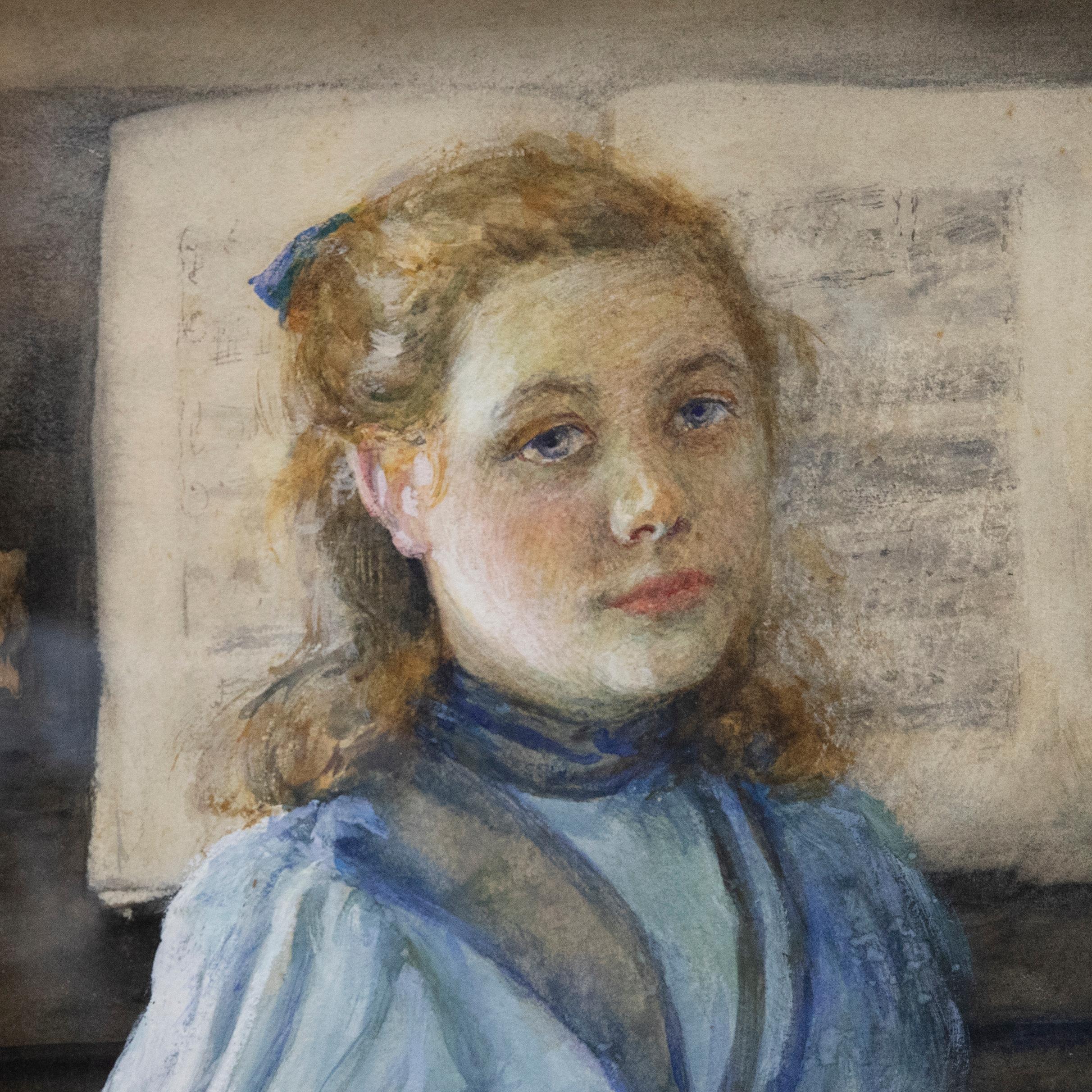 A delightful watercolour study depicting a young girl at the piano. She sits facing the artist dressed in blue with a music sheet opened behind her. Signed to the lower right. Presented in a gilt frame. Label verso inscribed with artist name and
