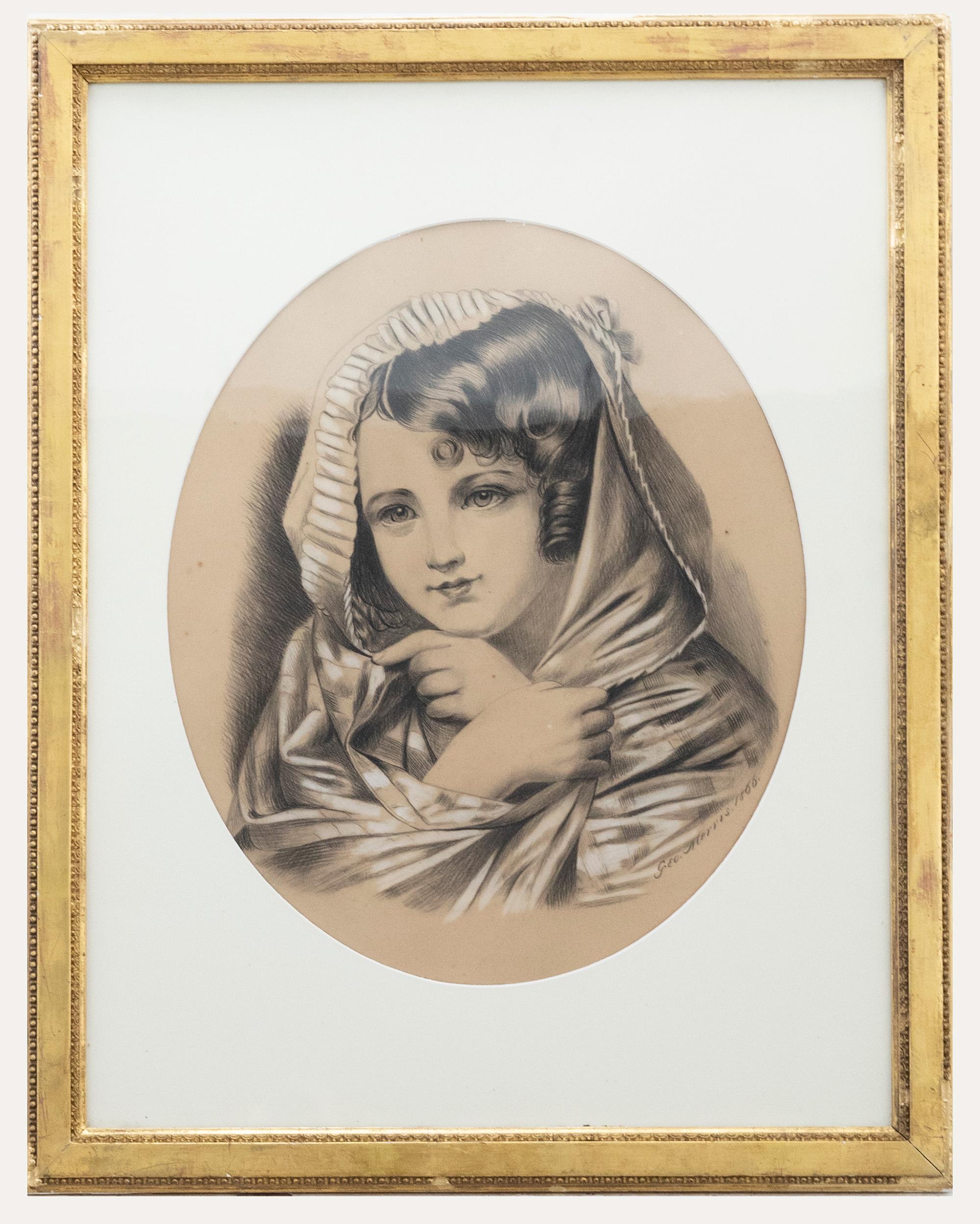 George Morrison Portrait – George Morris  - 1866 Kohlezeichnung, Mädchen mit Kopftuch