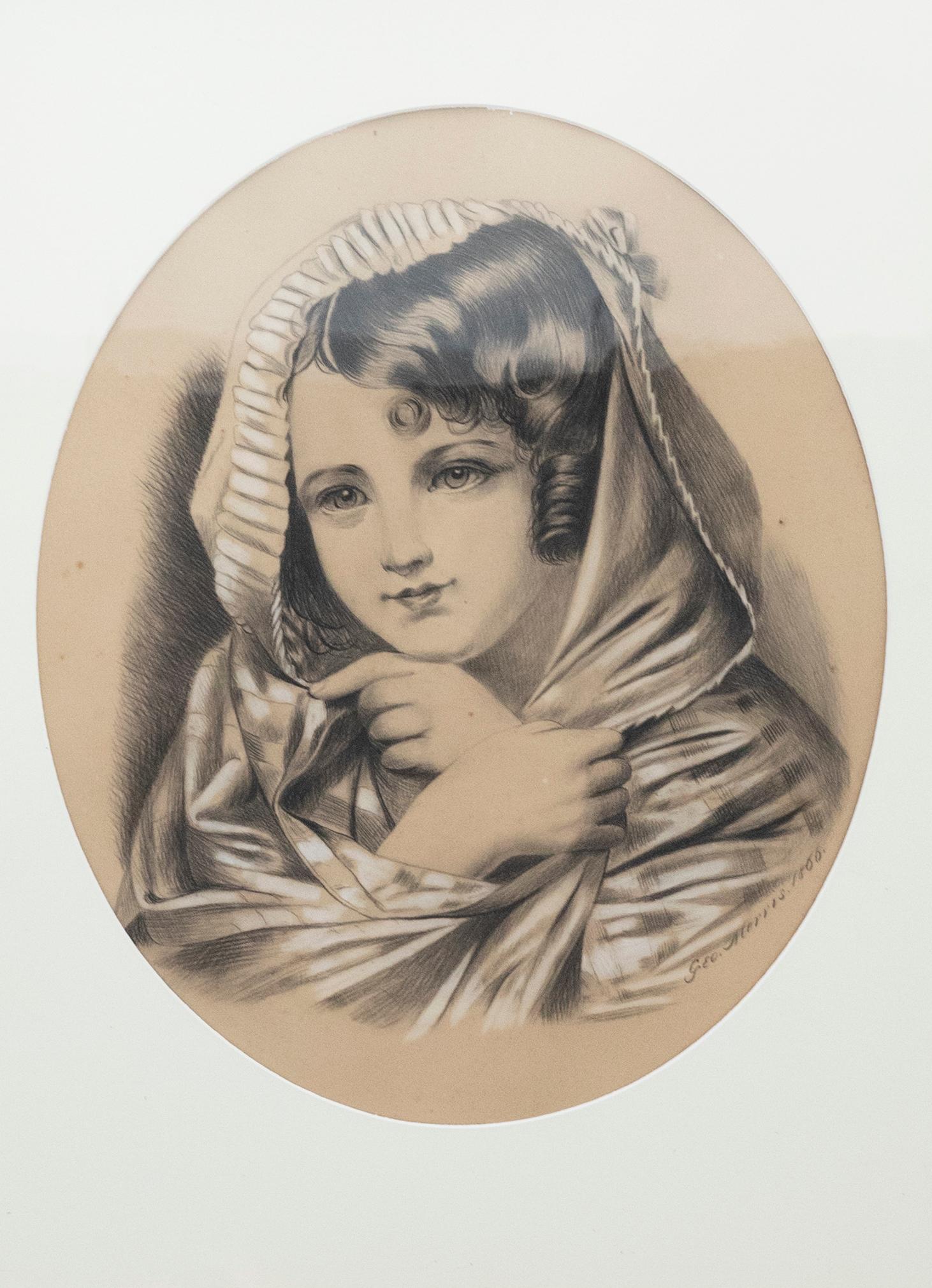 George Morris  - 1866 Kohlezeichnung, Mädchen mit Kopftuch – Art von George Morrison