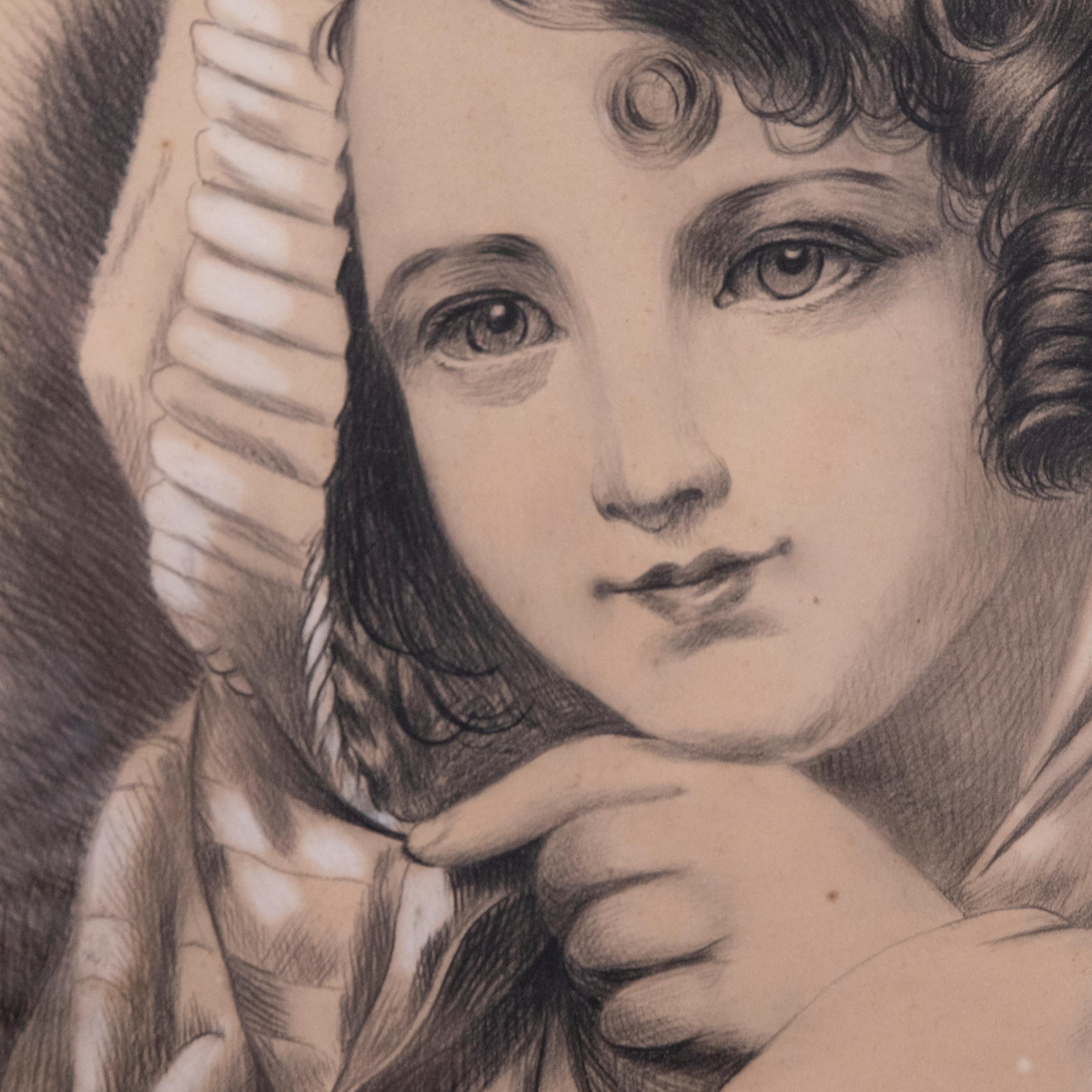 George Morris  - 1866, dessin au fusain, fille dans un châle en vente 1