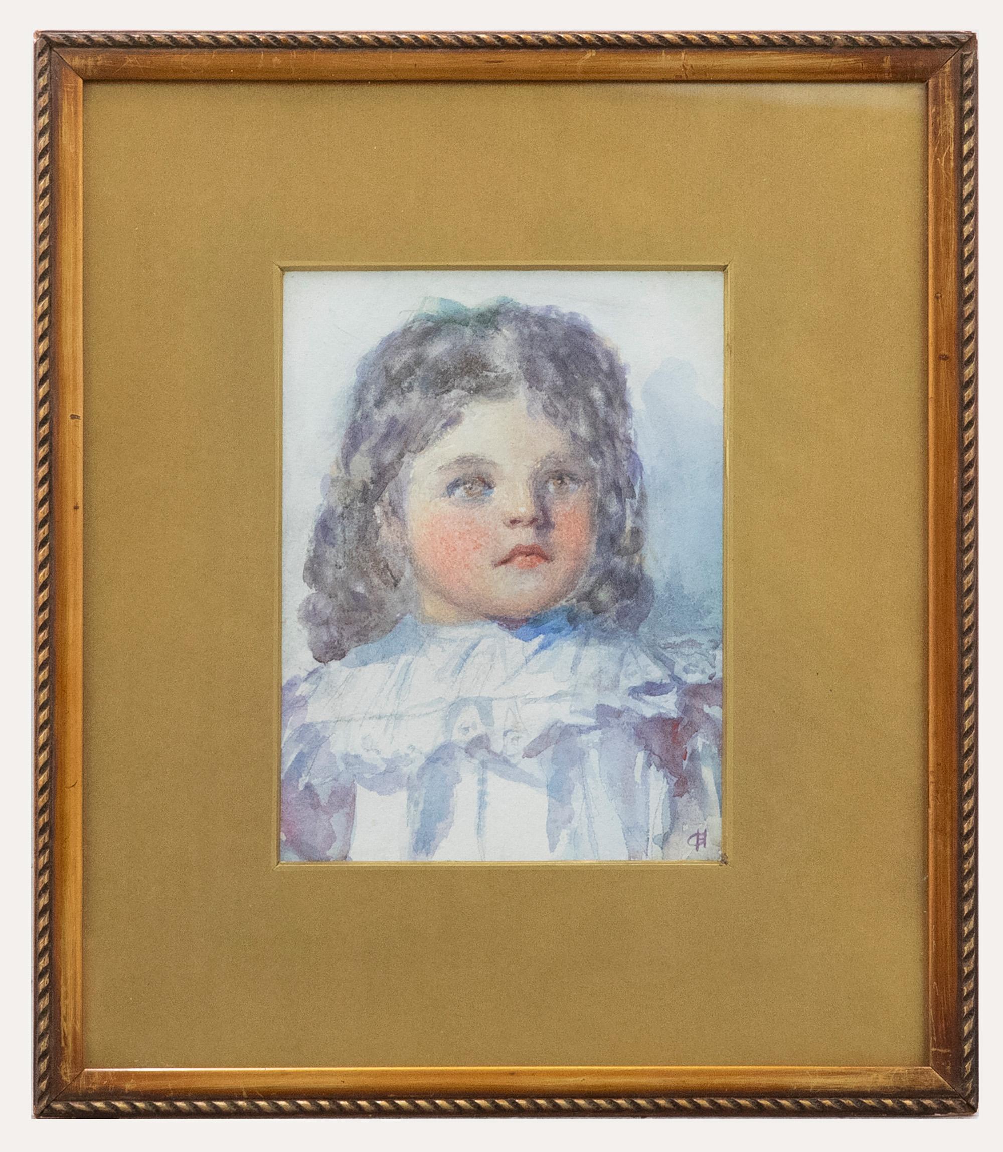 Ein zartes Aquarellporträt eines Mädchens der britischen Malerin und Illustratorin Gertrude Demain Hammond (1862-1953). Gut präsentiert in einem dekorativen Rahmen mit Vergoldungseffekt und einem Band mit Laufmuster und einer einfachen vergoldeten
