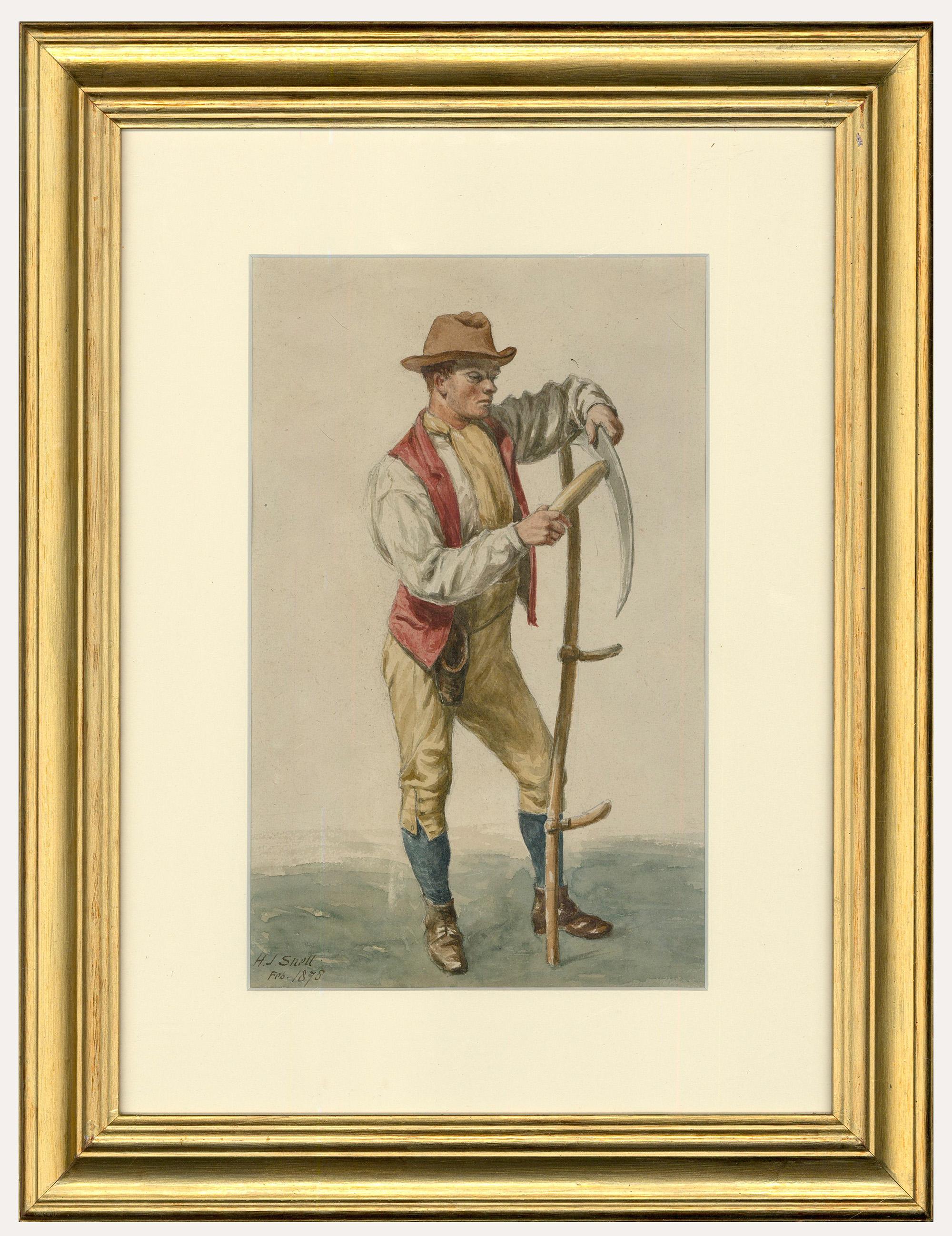 Unknown Portrait – H.J. Snell - English School 1878 Aquarell, Landwirt mit Sense