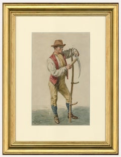 Antique H.J. Snell - English School 1878 Watercolour, Farmer with a Scythe