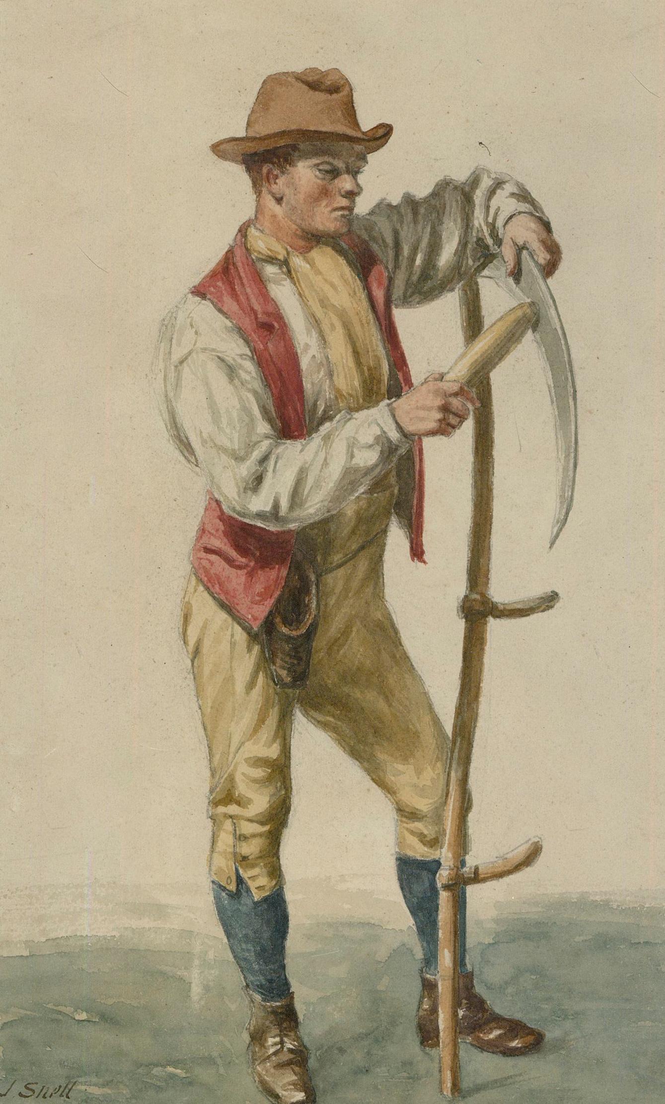 H.J. Snell - English School 1878 Watercolour, Farmer with a Scythe - Art by Unknown