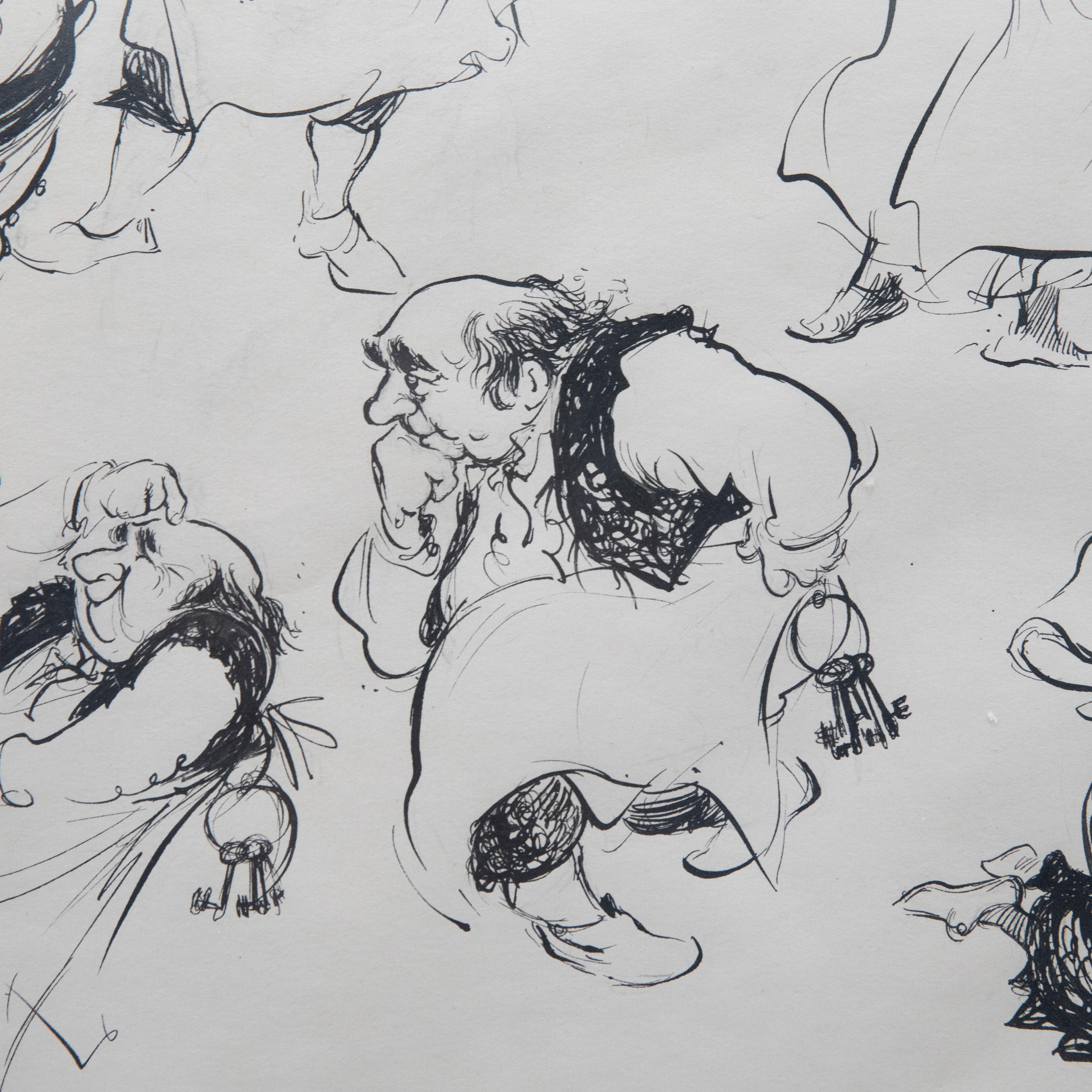 Dibujo cómico de un Alegre Posadero capturado junto a otros personajes. Atribuido al dibujante político y caricaturista William 