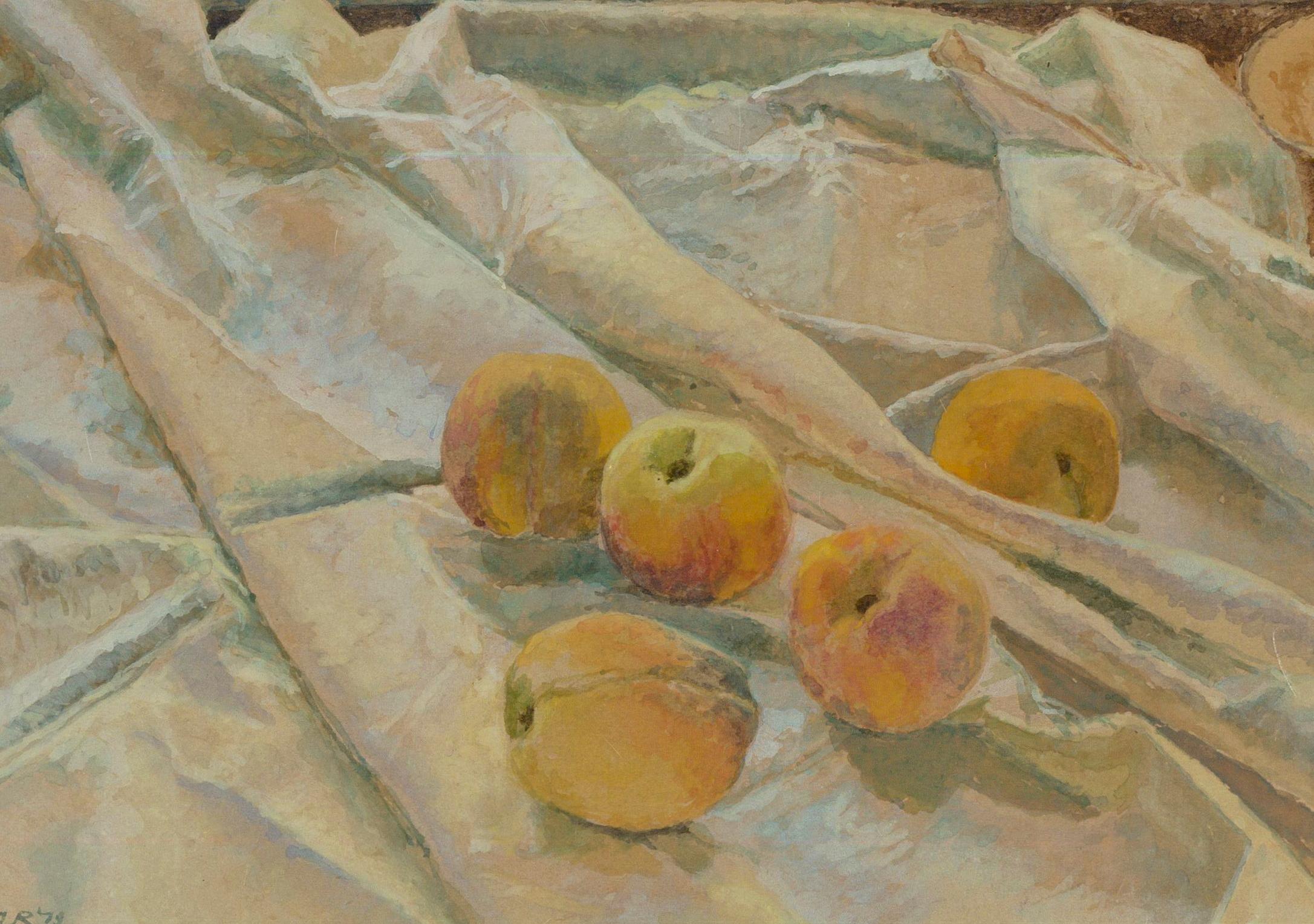 Jacqueline Rizvi HNEAC RBA RWS (b.1944) - Watercolour, Peaches on White Cloth - Art by Jacquline Rizvi HNEAC RBA RWS