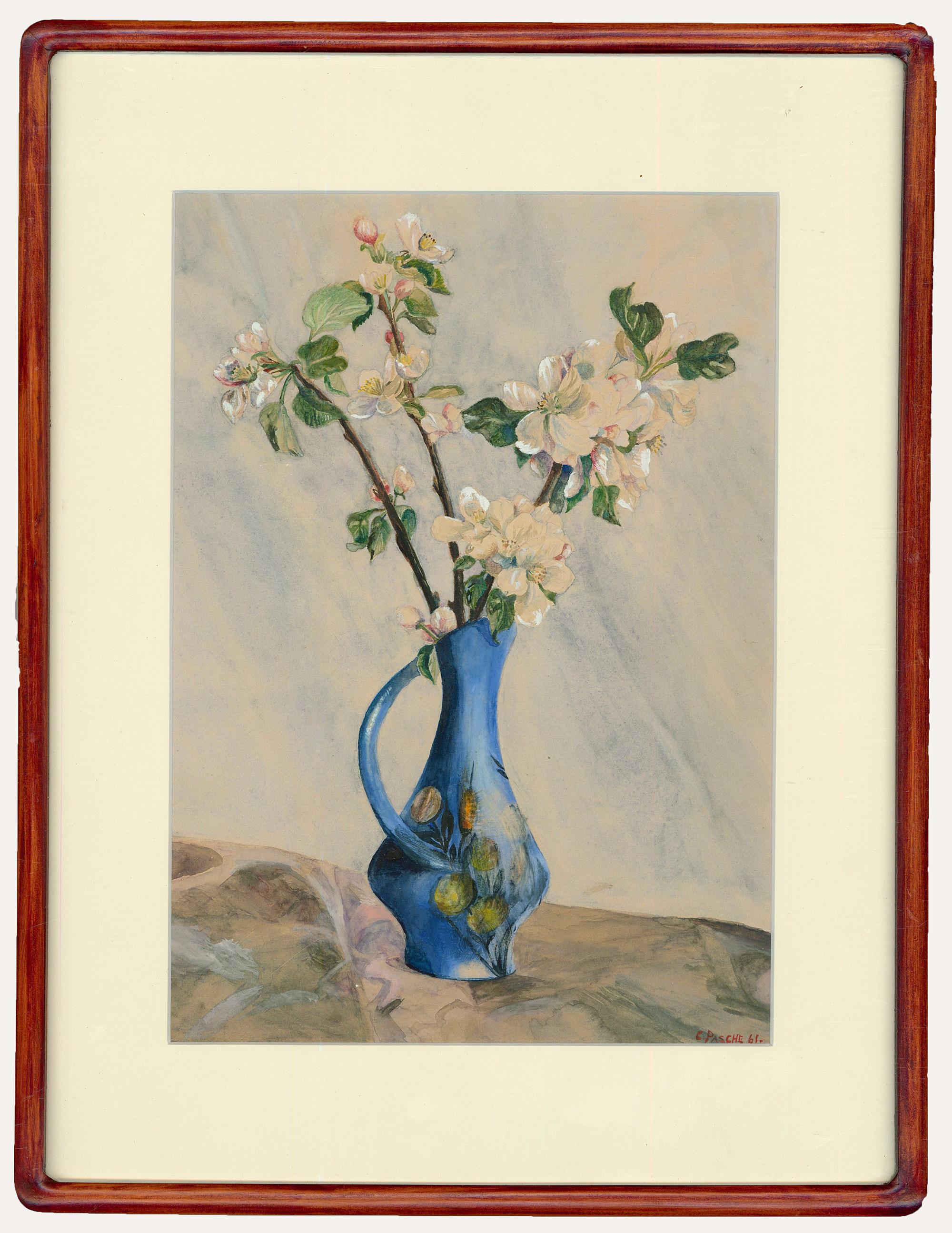 Inspired by the Japanese art of Ikebana this still life study of blossom is both elegant and delicate. Completed with touches of gouache to highlight the blossom petals. Excellently presented in a gorgeous wood frame with curved corners. Signed and