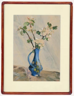 Vintage Charles Pasche - 1961 Watercolour, Spring Blossom in a Blue Jug