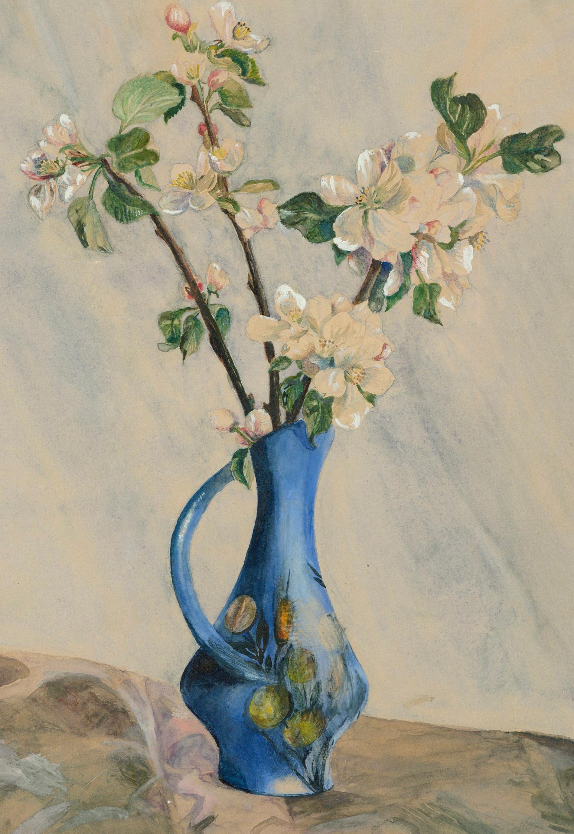 Charles Pasche - 1961 Watercolour, Spring Blossom in a Blue Jug 1