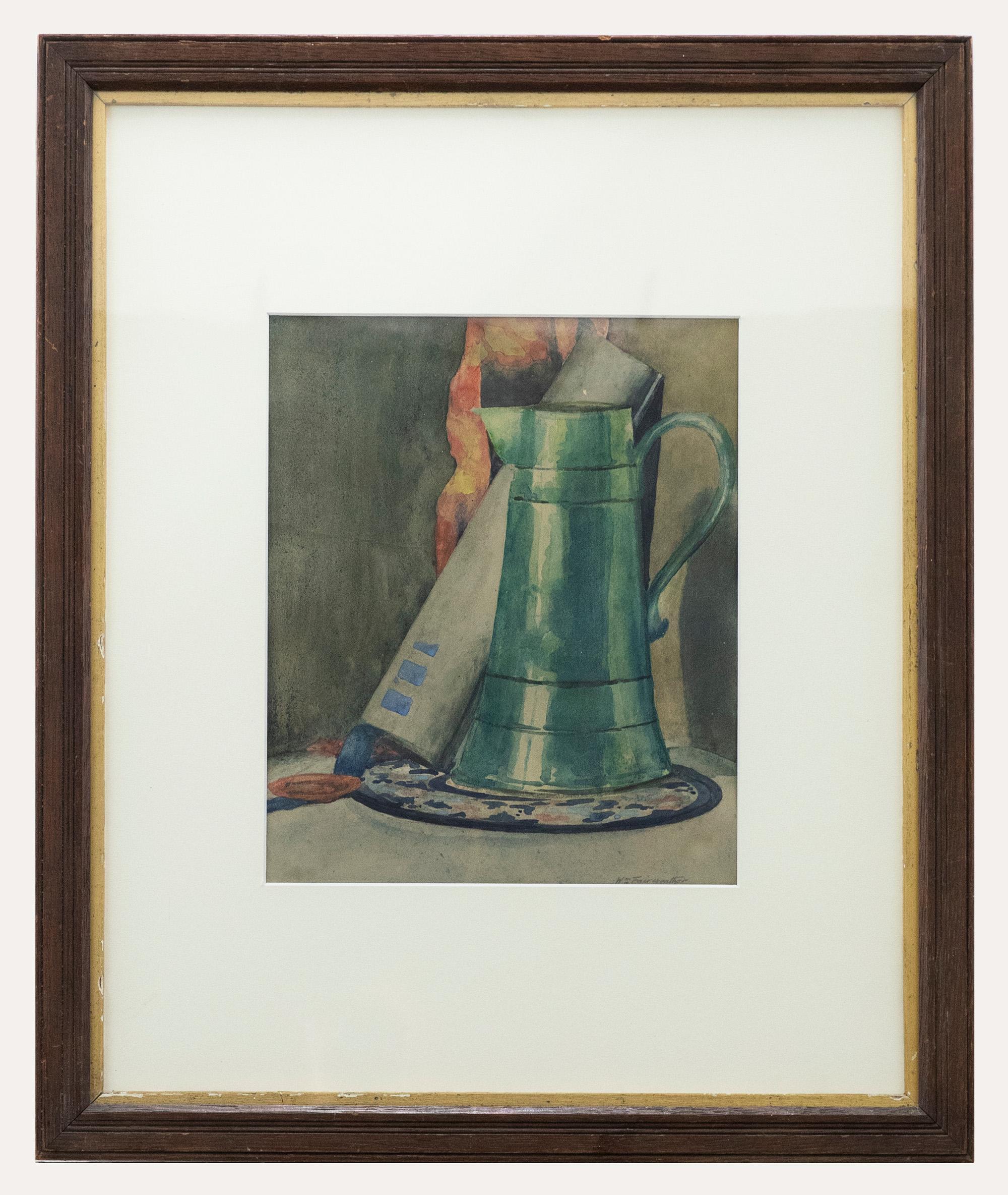 Unknown Still-Life – William Fairweather - Teal-Blumenkrug aus Aquarellfarben des frühen 20. Jahrhunderts