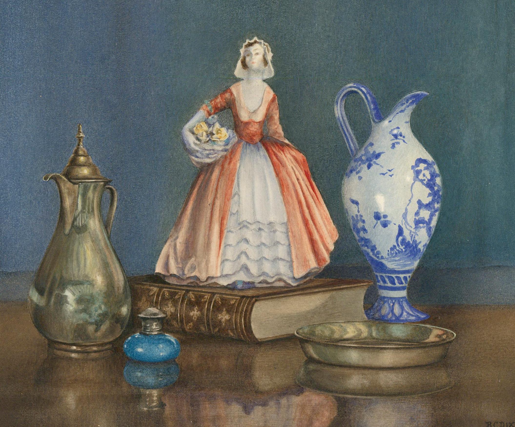 Bertram Dix - Aquarelle du milieu du 20e siècle encadrée, laiton et Chine - Art de Unknown