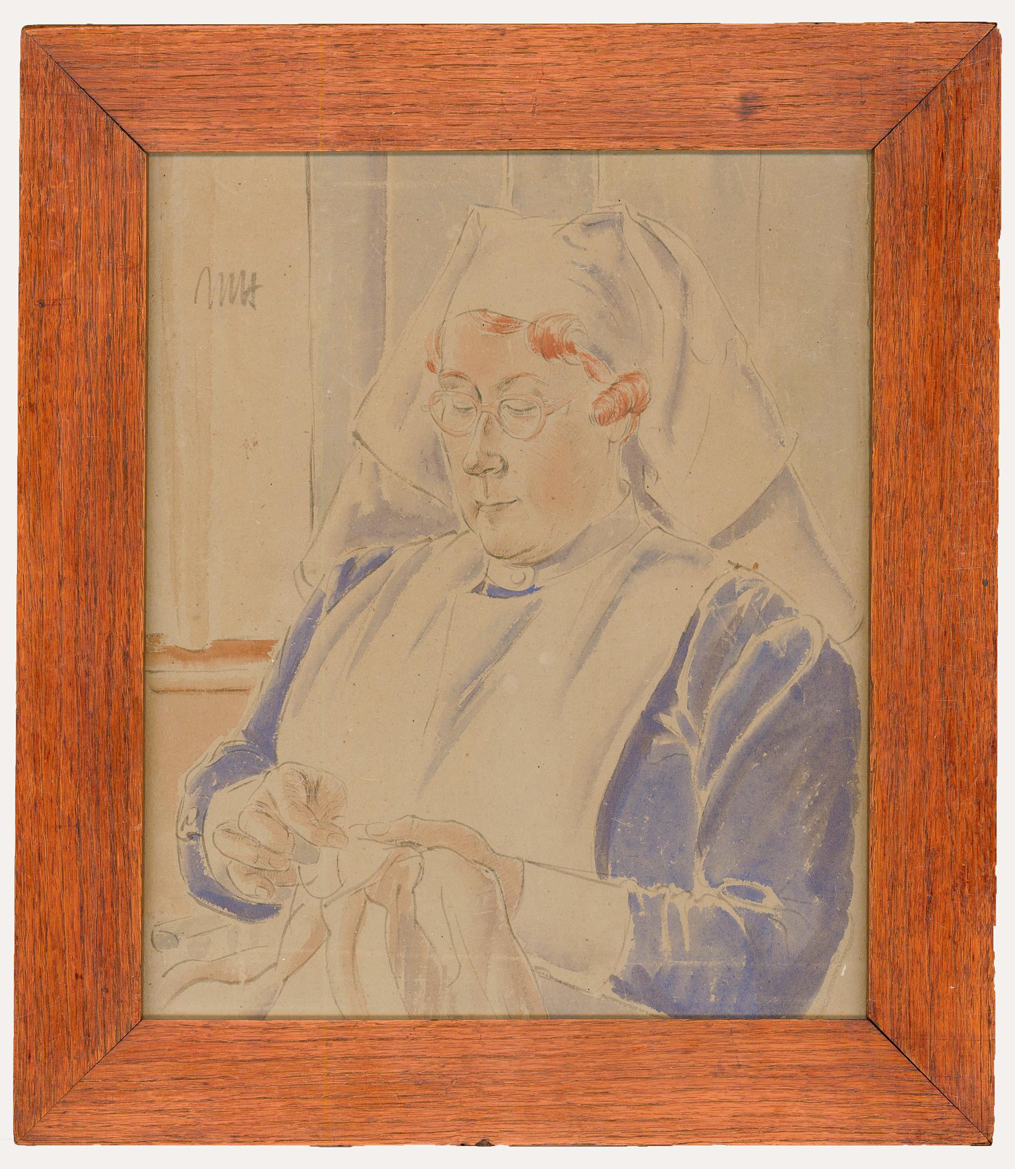 Unknown Portrait – M.H. Aquarell des frühen 20. Jahrhunderts, Porträt einer Krankenschwester beim Nähen