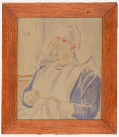 Vintage M.H. - Early 20th Century Watercolour, Portrait of a Nurse Sewing