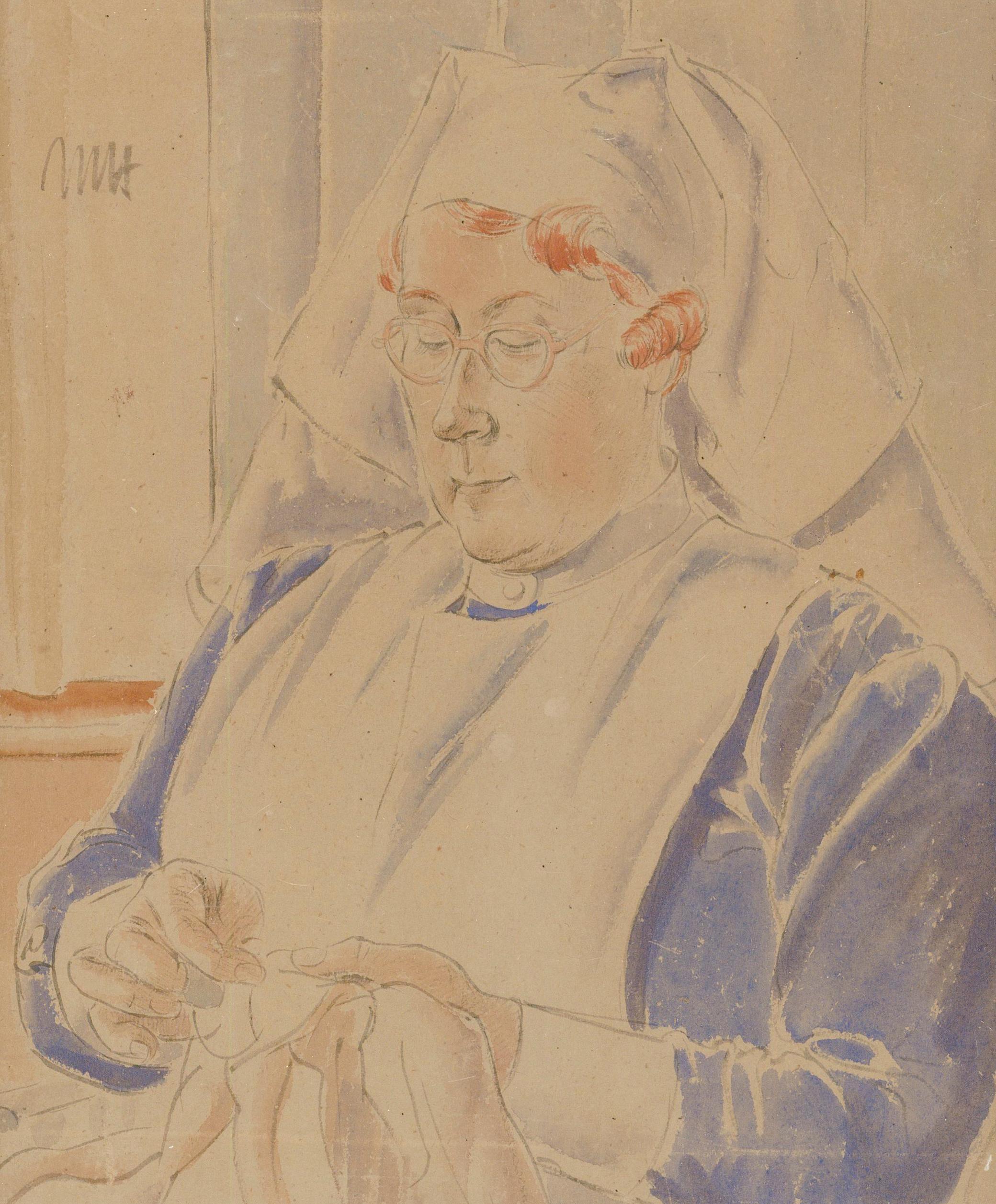 A fine portrait in watercolour depicting a nurse wearing a traditional nurse's cap, sewing a piece of cloth. Handsomely presented in an antique oak frame. Monogrammed to the upper left corner. On paper. 