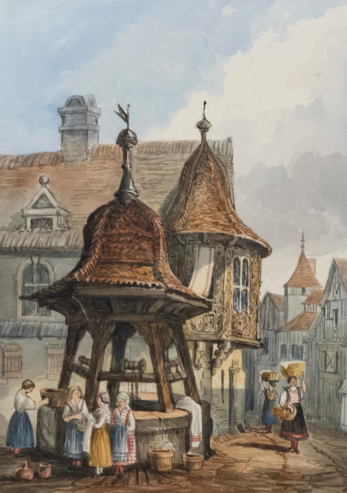 Framed 19th Century Watercolour - At The Town Well - Art by Unknown