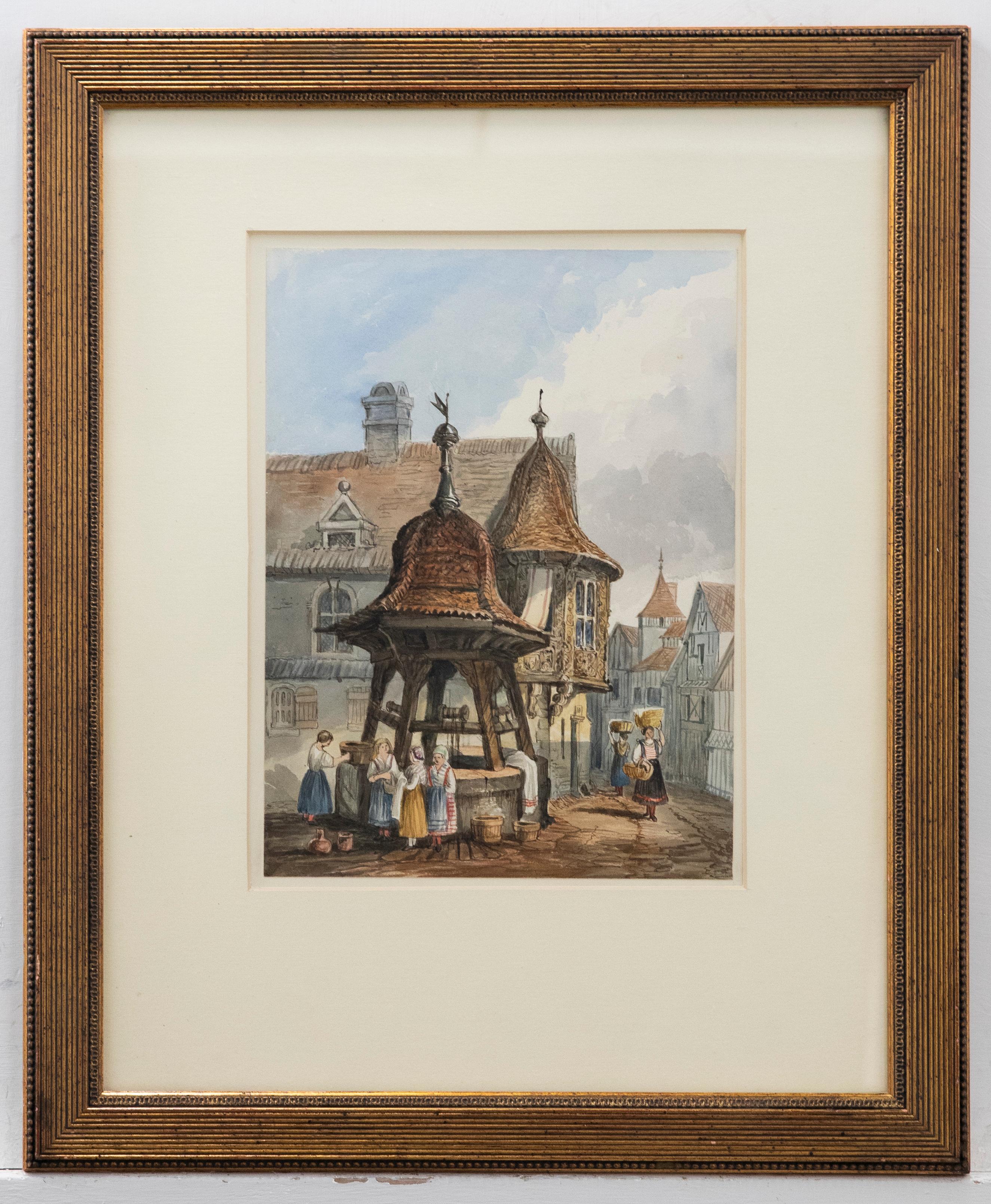 Unknown Landscape Art - Framed 19th Century Watercolour - At The Town Well