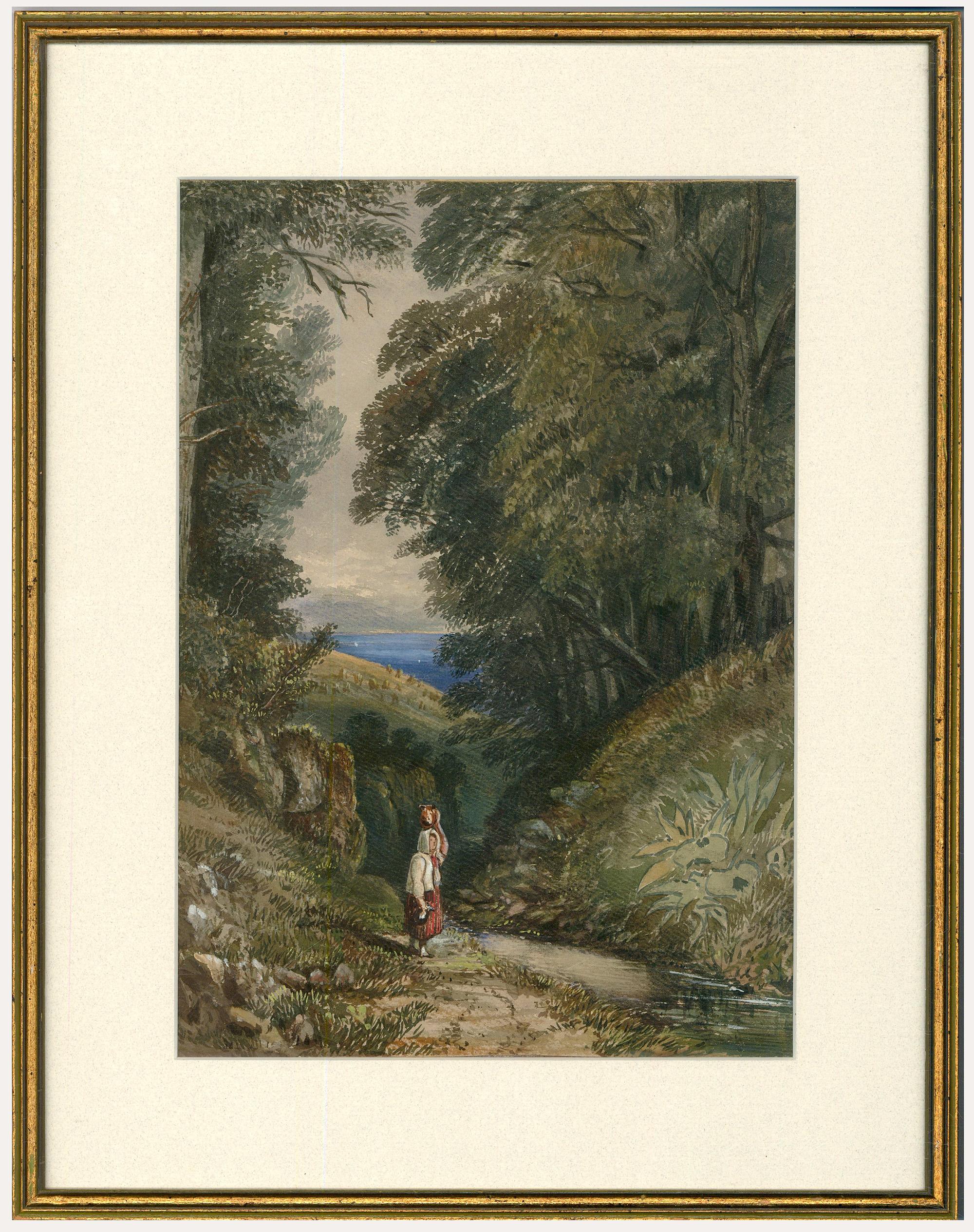 Unknown Landscape Art – Gerahmtes Aquarell des 19. Jahrhunderts – Frau an einem Walds Fluss