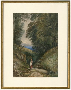 Aquarelle du 19e siècle encadrée - Femme par un ruisseau de bois