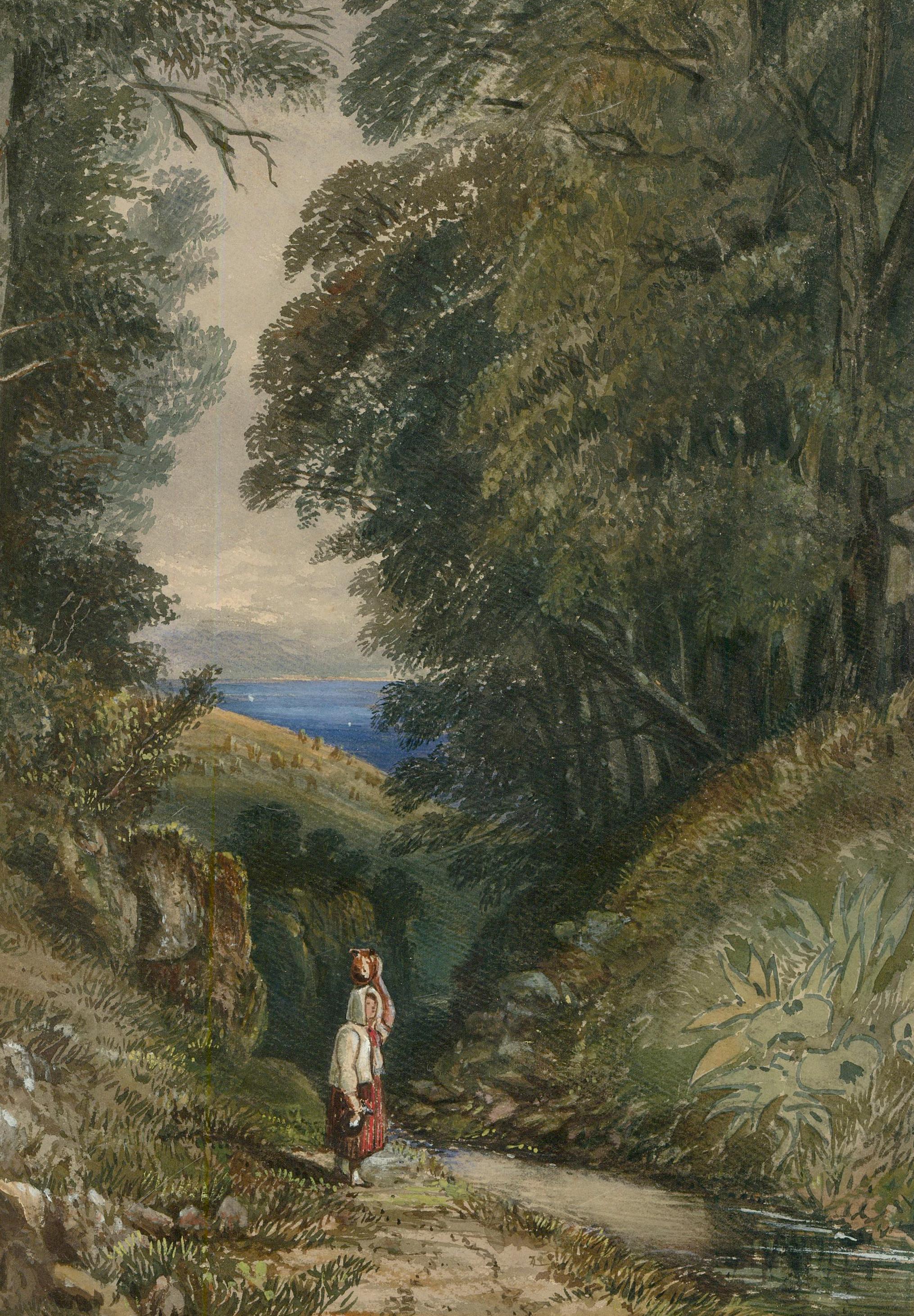 Gerahmtes Aquarell des 19. Jahrhunderts – Frau an einem Walds Fluss – Art von Unknown