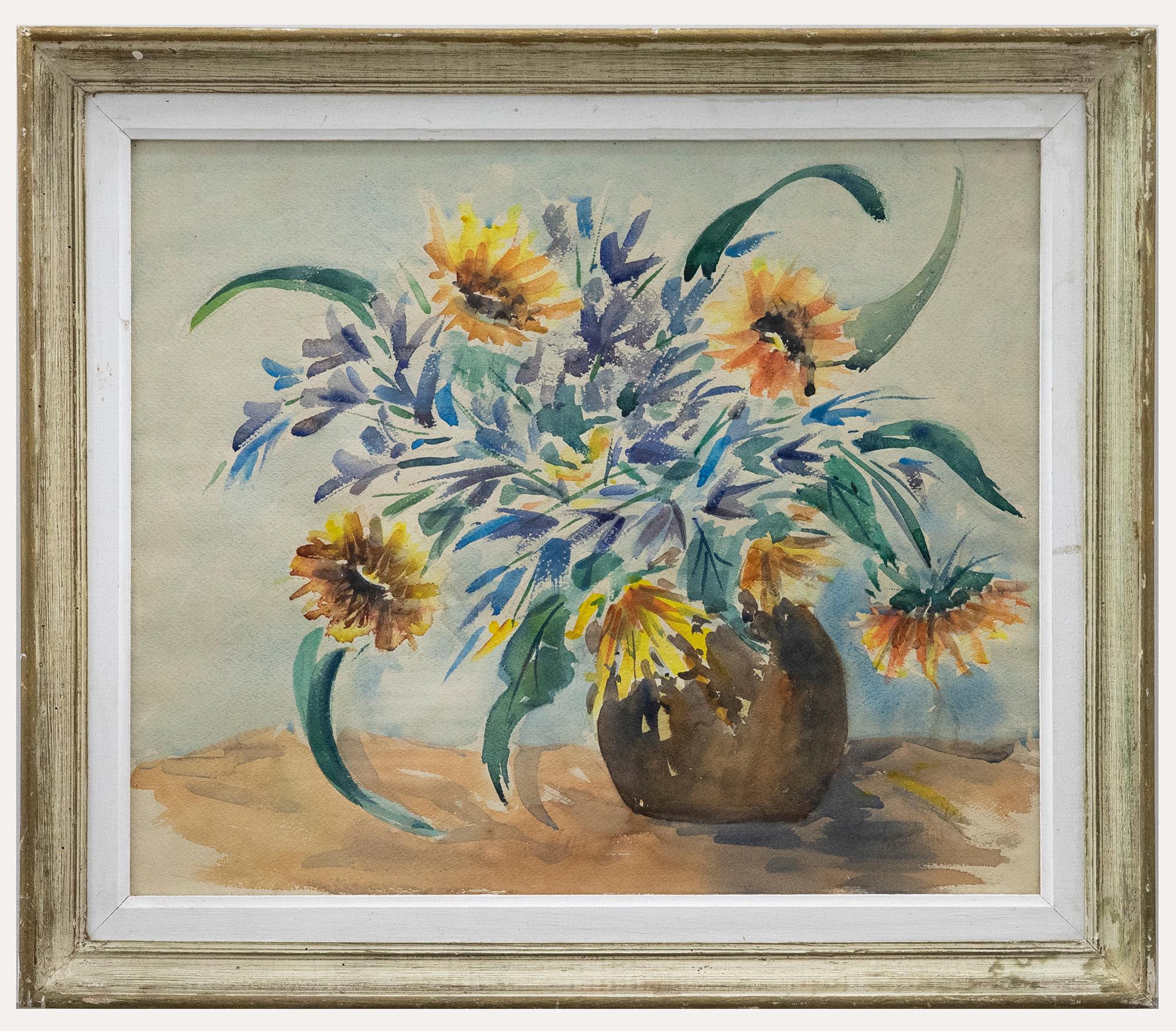 Unknown Still-Life - Framed 20th Century Watercolour - Sunflowers & Salvias