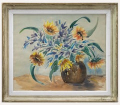 Framed 20th Century Watercolour - Sunflowers & Salvias