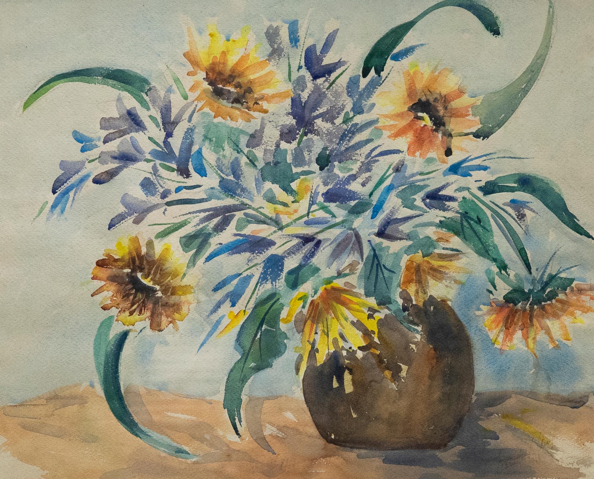 Framed 20th Century Watercolour - Sunflowers & Salvias - Art by Unknown