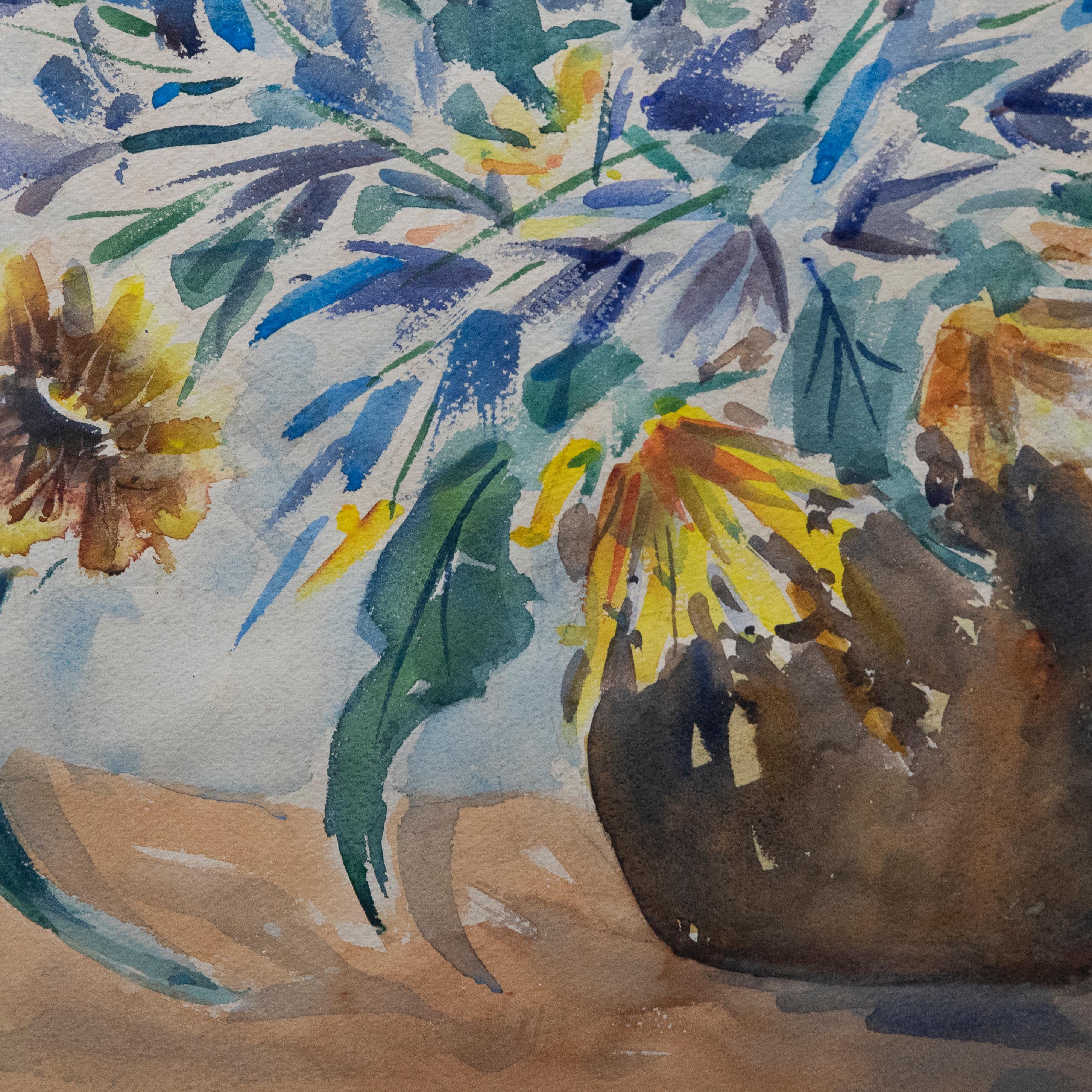 Framed 20th Century Watercolour - Sunflowers & Salvias For Sale 1
