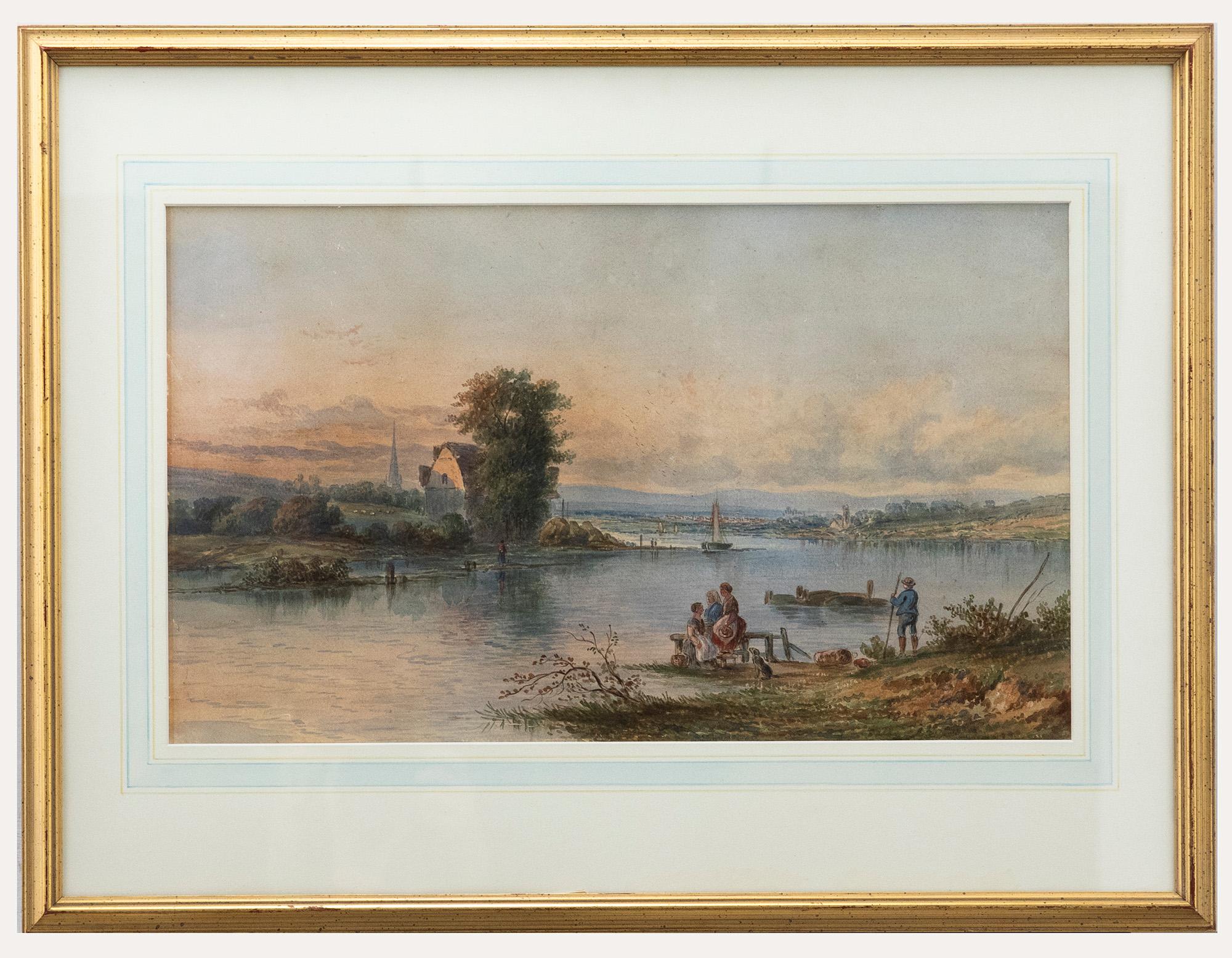 Unknown Landscape Art - Framed English School Mid 19th Century Watercolour - Meeting by the River