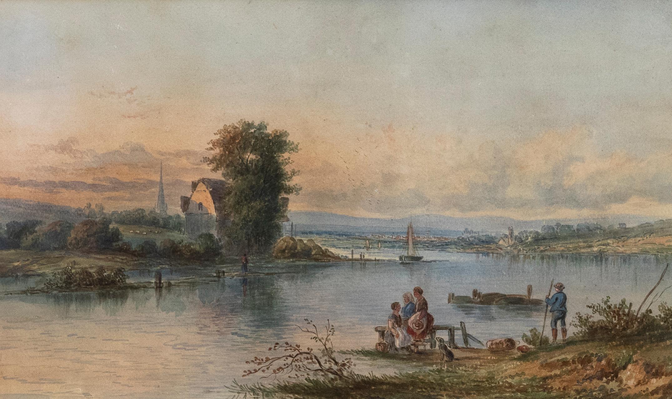Framed English School Mid 19th Century Watercolour - Meeting by the River - Art by Unknown