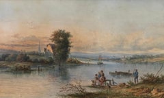 Framed English School Mid 19th Century Watercolour - Meeting by the River