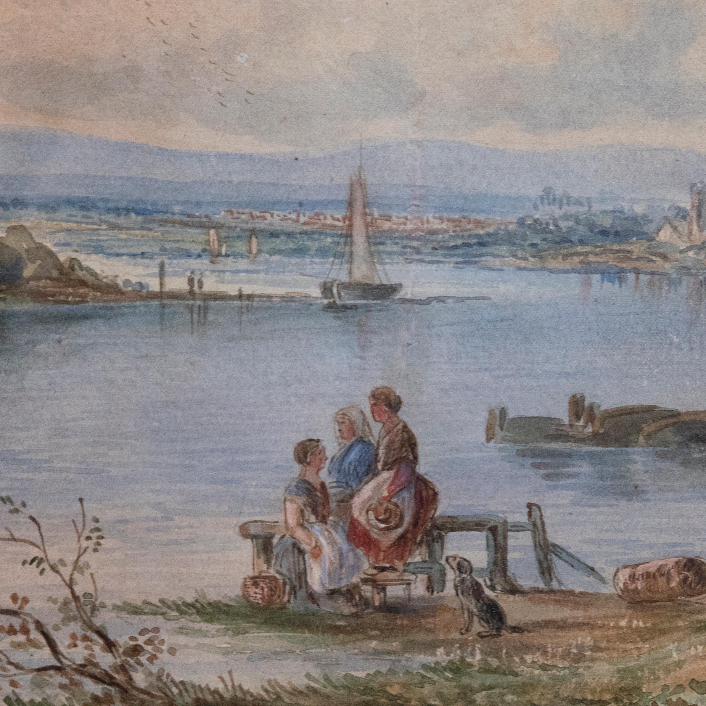 Framed English School Mid 19th Century Watercolour - Meeting by the River For Sale 1