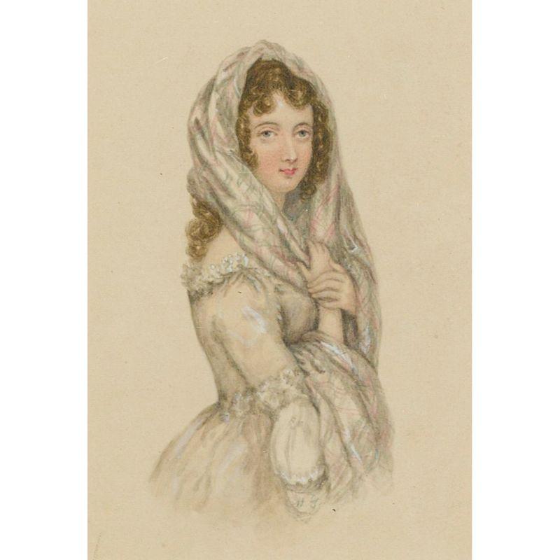 Aquarell des 19. Jahrhunderts – Regency-Dame in einem Kopftuch – Art von Unknown