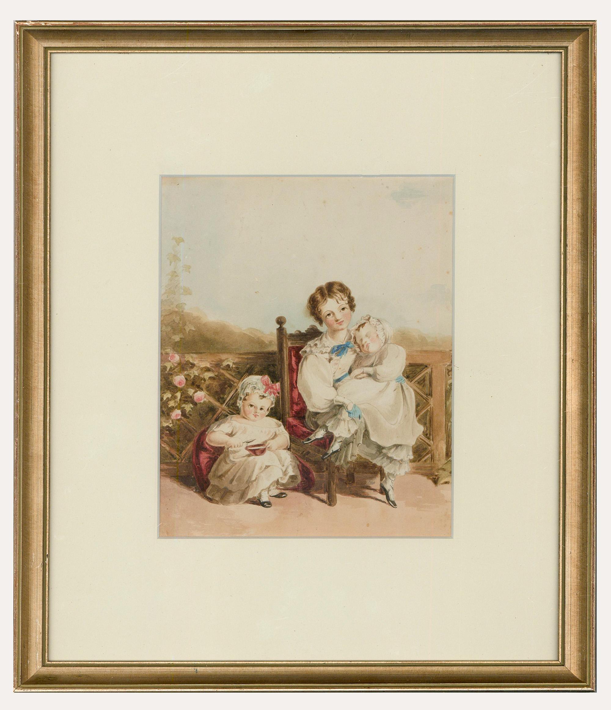 Early 19th Century Regency Watercolour - Portrait of Three Siblings - Art by Unknown