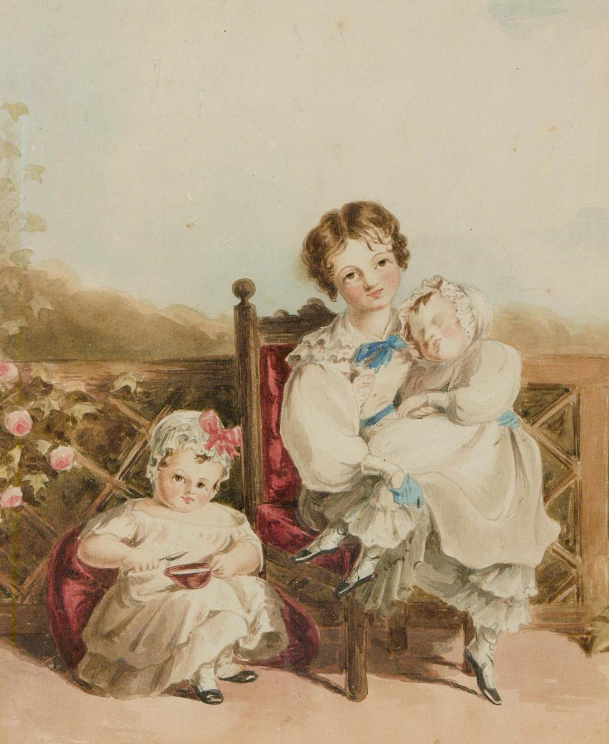 A very fine watercolour portrait of a child and two infants, sitting on a velvet chair and cushion on a rose covered terrace. Dating to the Regency period, this remarkable work is believe to be a copy of a larger painting, however we have been
