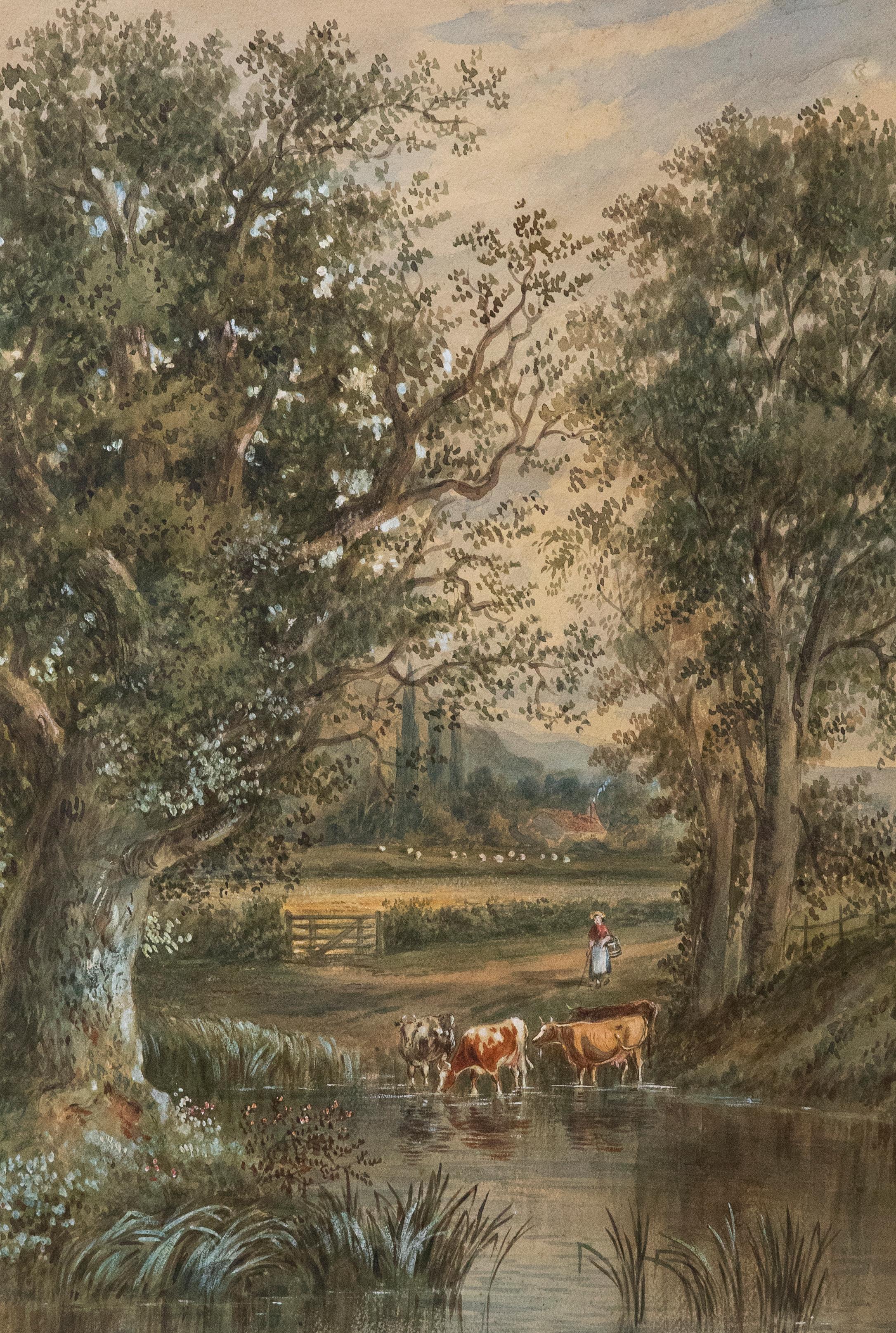 Unknown Landscape Art - Late 19th Century Watercolour - Milkmaid Amongst the Cattle